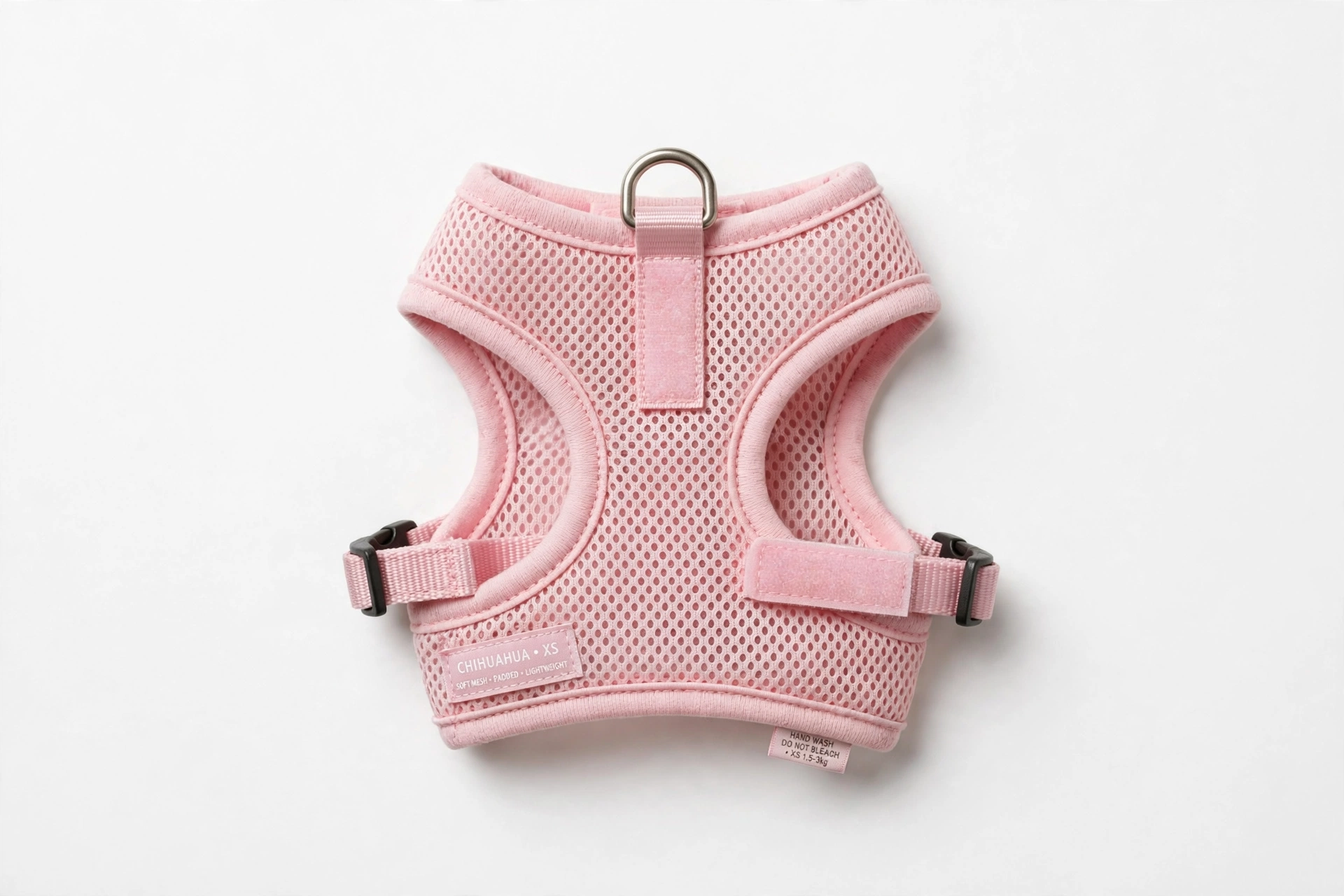 Tiny pink soft mesh harness vest for a chihuahua