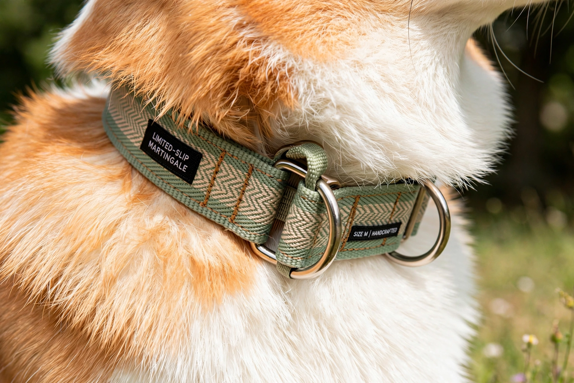 Close-up of a martingale collar's control loop tightening gently on a corgi's neck ruff