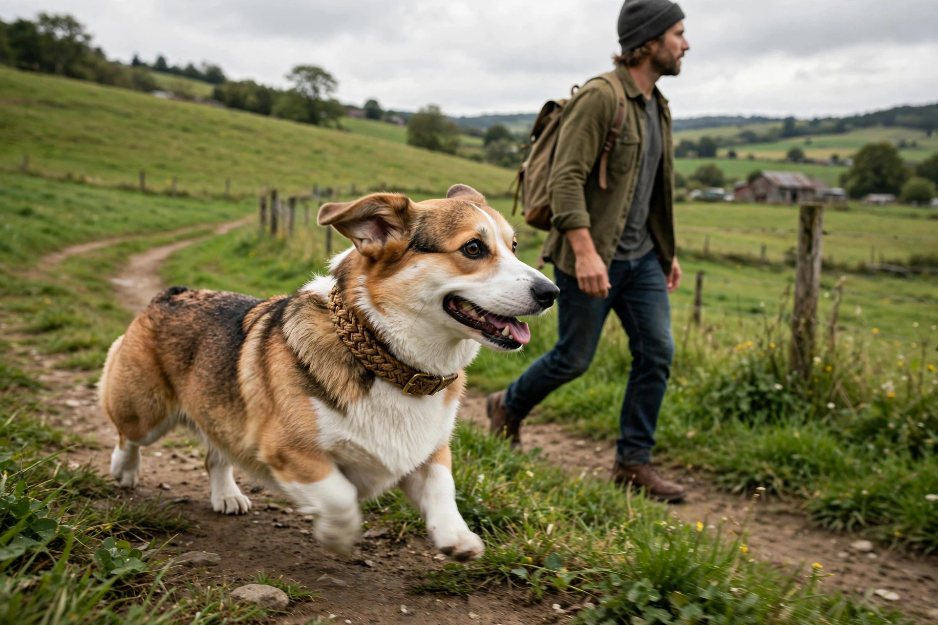 Corgi herding on a farm trail wearing a sturdy woven collar