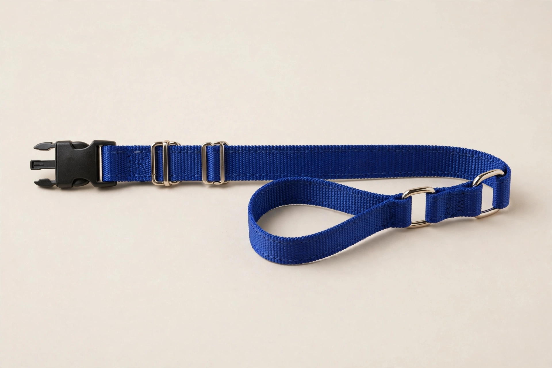 Royal blue nylon martingale dog collar with quick-snap buckle on a beige background
