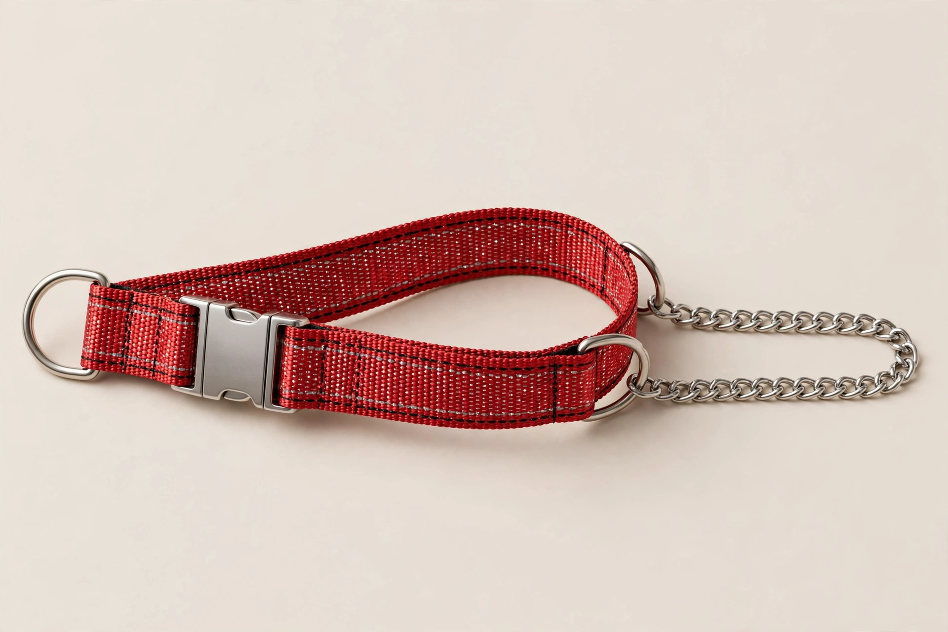 Martingale collar with stainless steel chain loop and reflective red nylon webbing