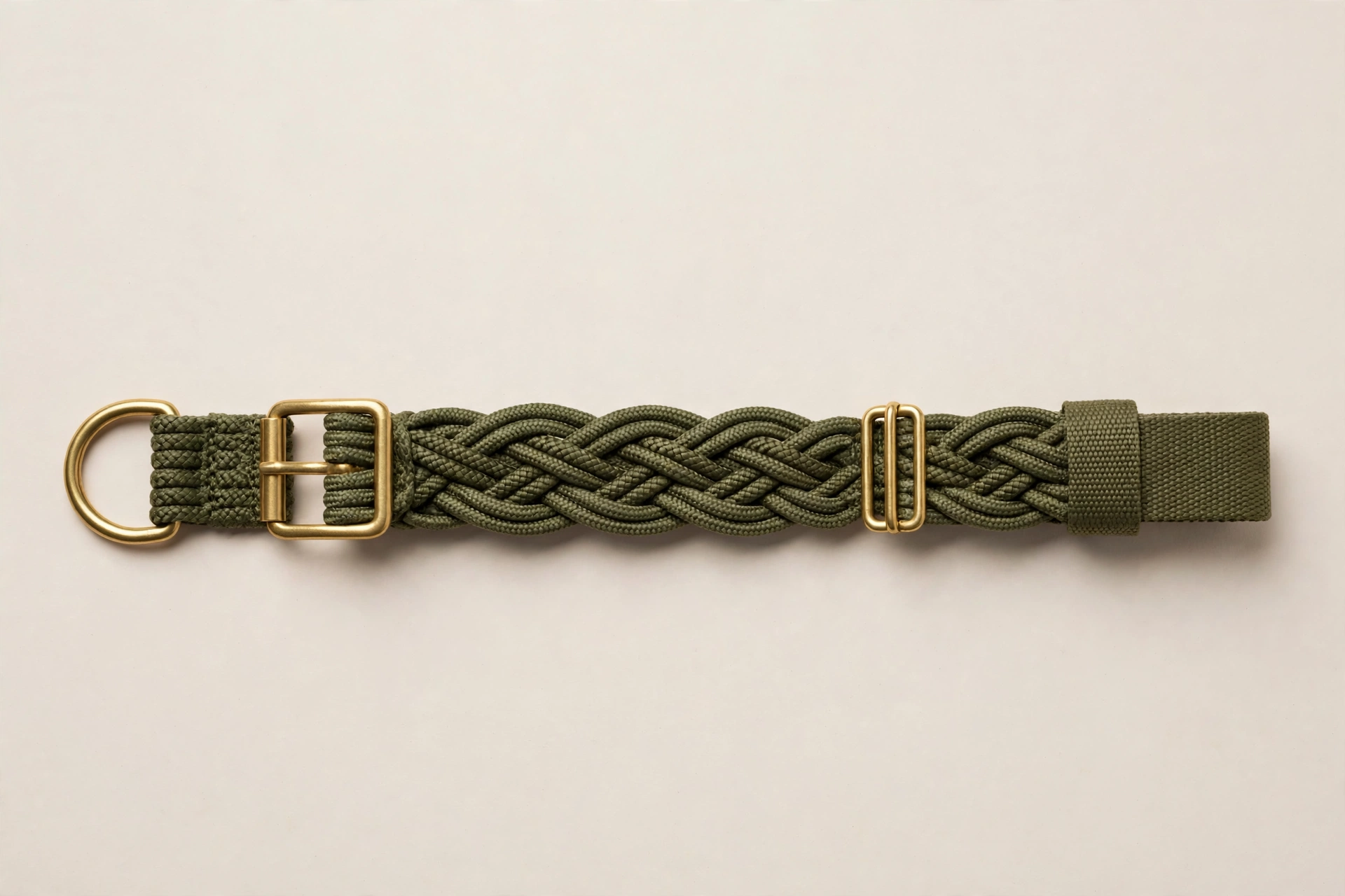 Double-braid woven dog collar with brass hardware in olive green