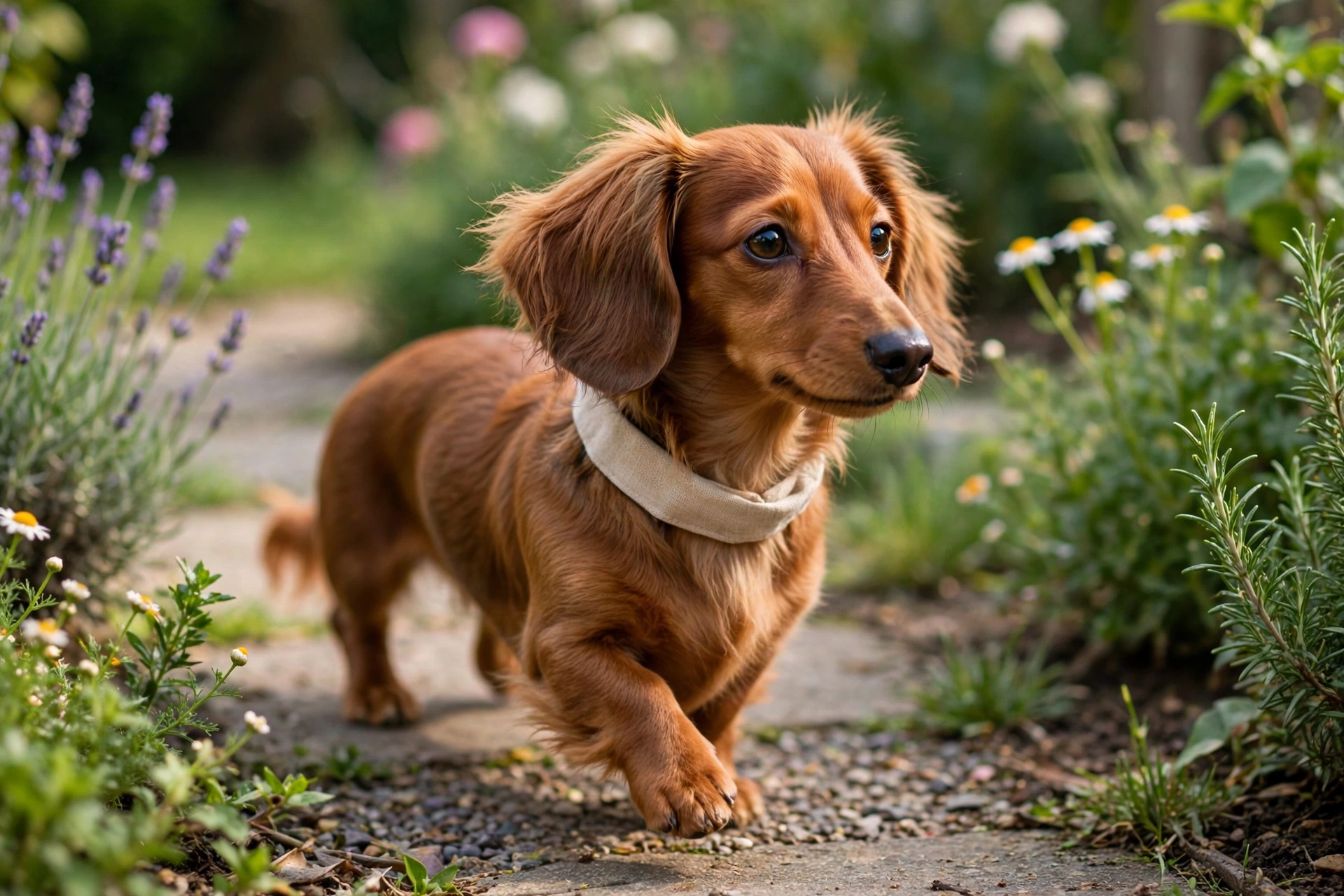 Miniature Dachshund wearing a soft lightweight collar on a garden walk