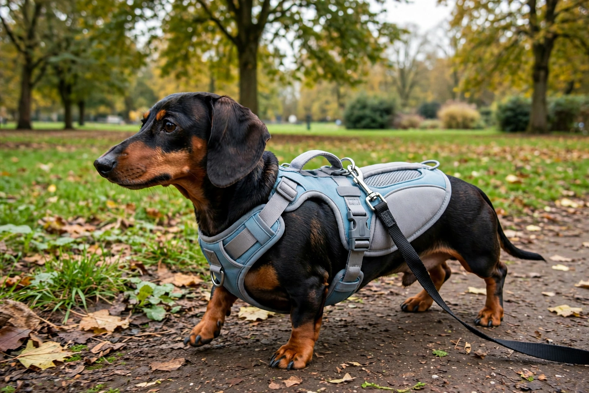 Dachshund wearing a harness on a walk, protecting its long back