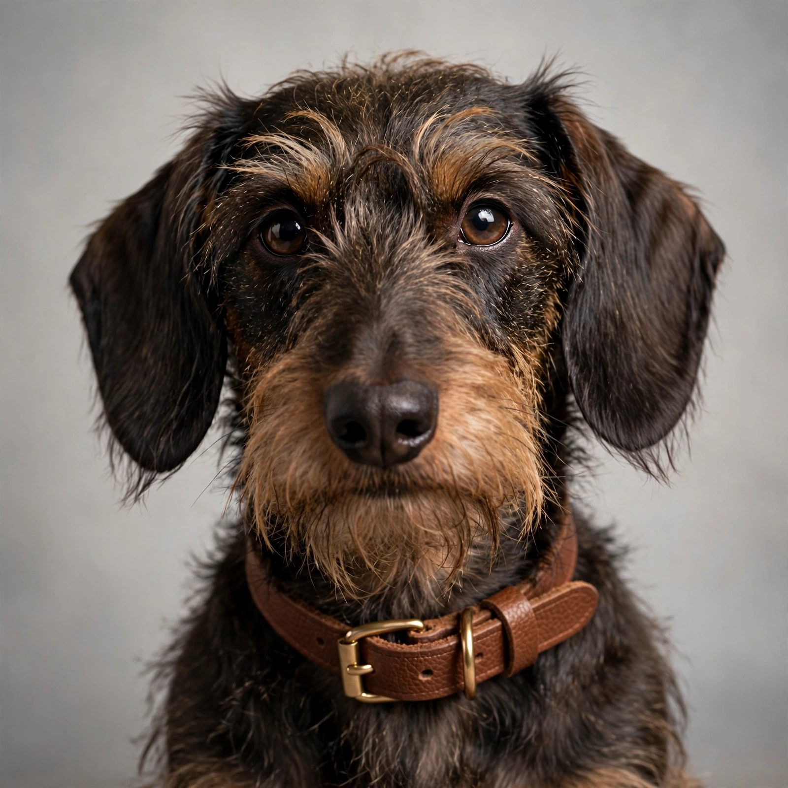 Wire-haired Dachshund portrait wearing a soft leather collar