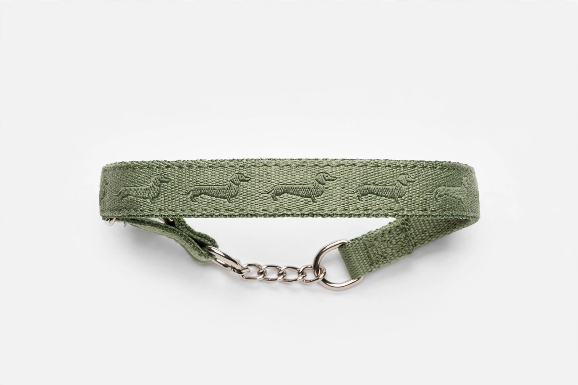 Small martingale dog collar for Dachshund escape prevention, editorial product photo