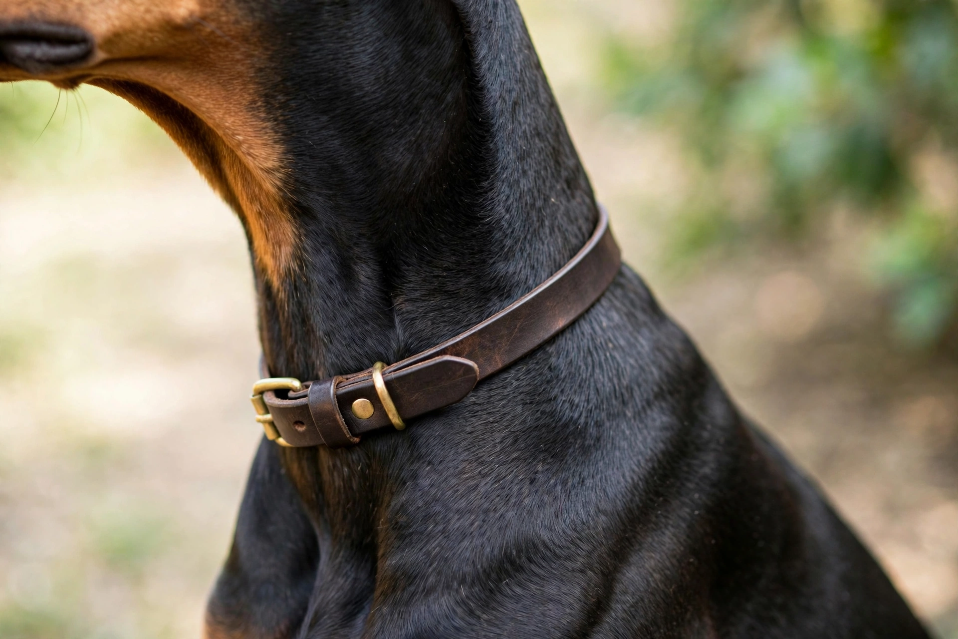 Close-up of a doberman's neck showing a well-fitted elegant collar