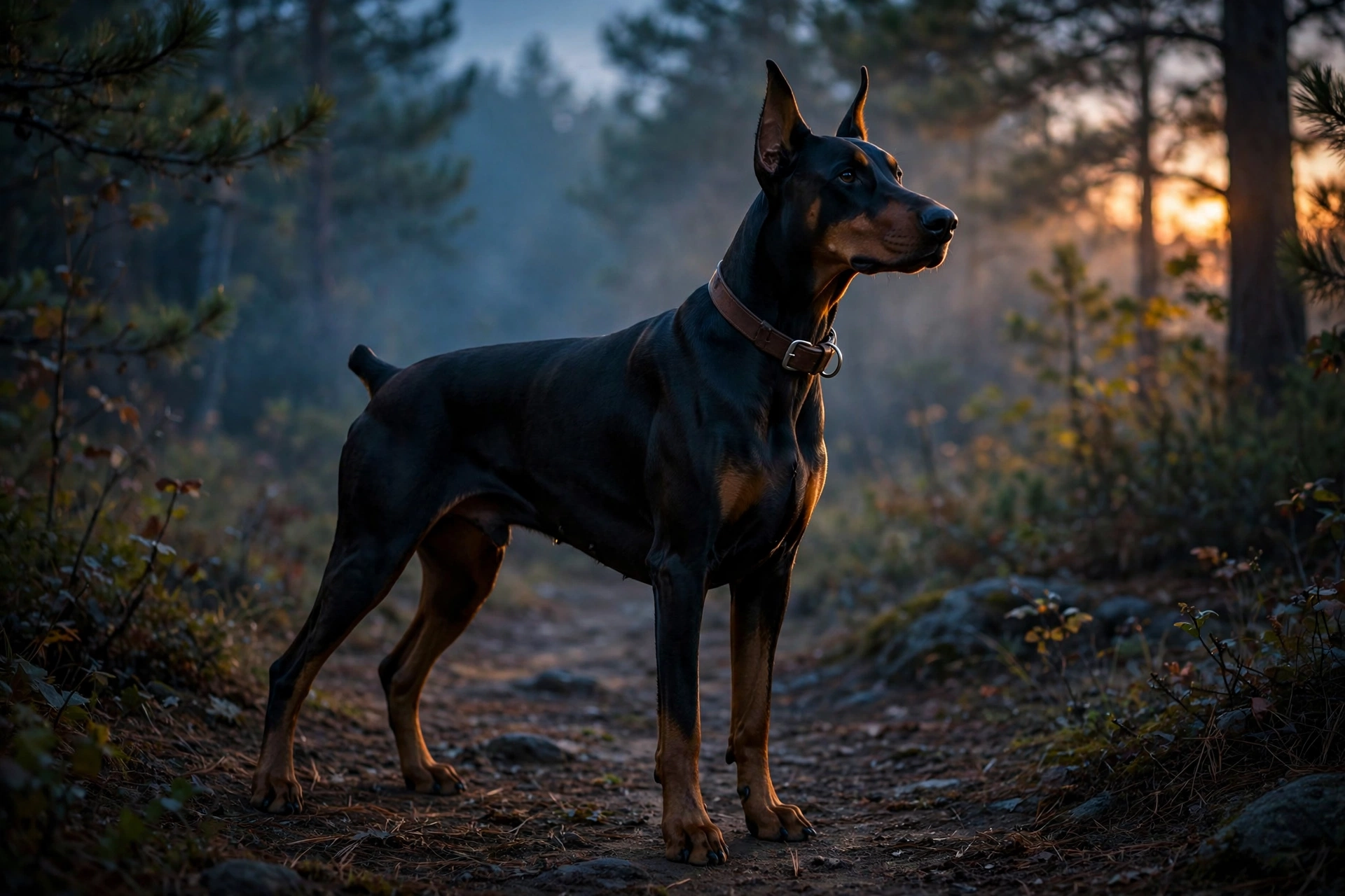 Doberman pinscher standing alert outdoors wearing a fitted collar