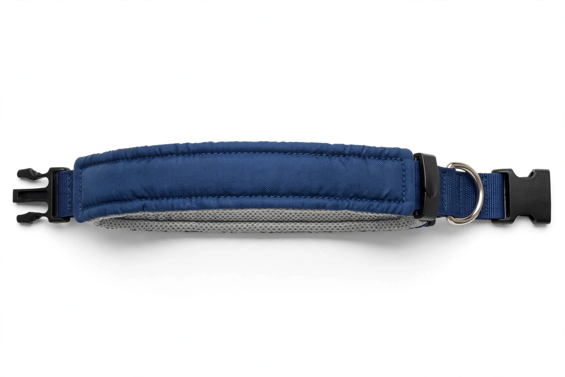 Padded blue nylon dog collar with soft mesh lining on white background