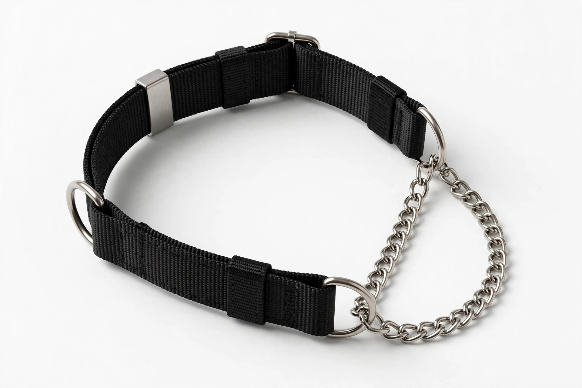 Black nylon martingale dog collar with chain loop on white background