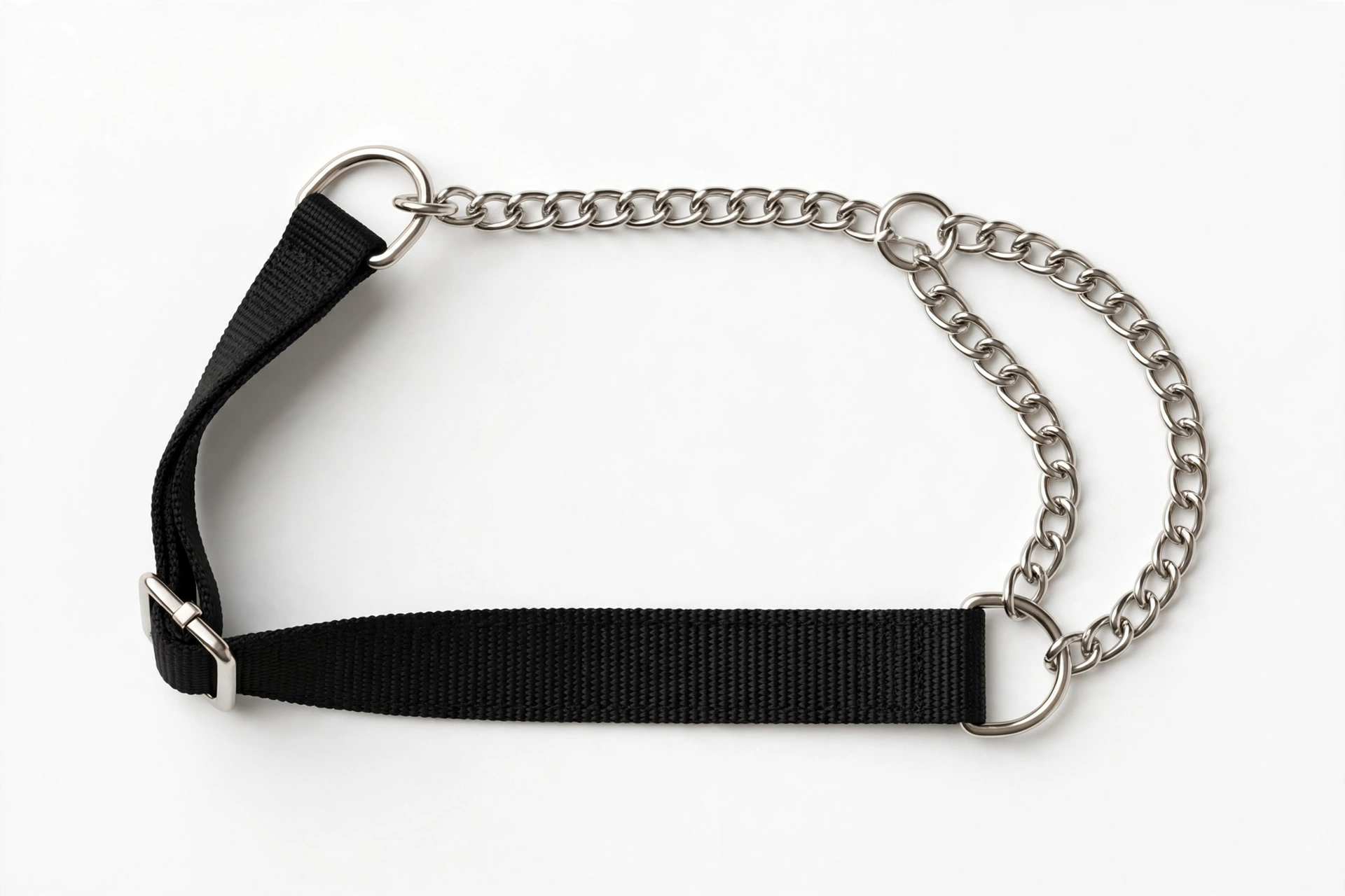 Chain martingale dog collar with black nylon strap and metal chain on white background