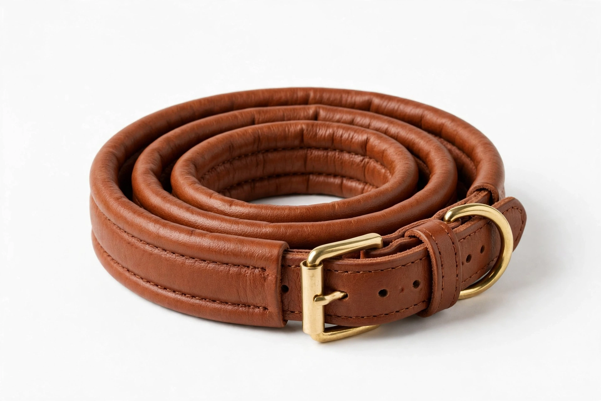 Soft rolled leather dog collar in cognac brown on white background