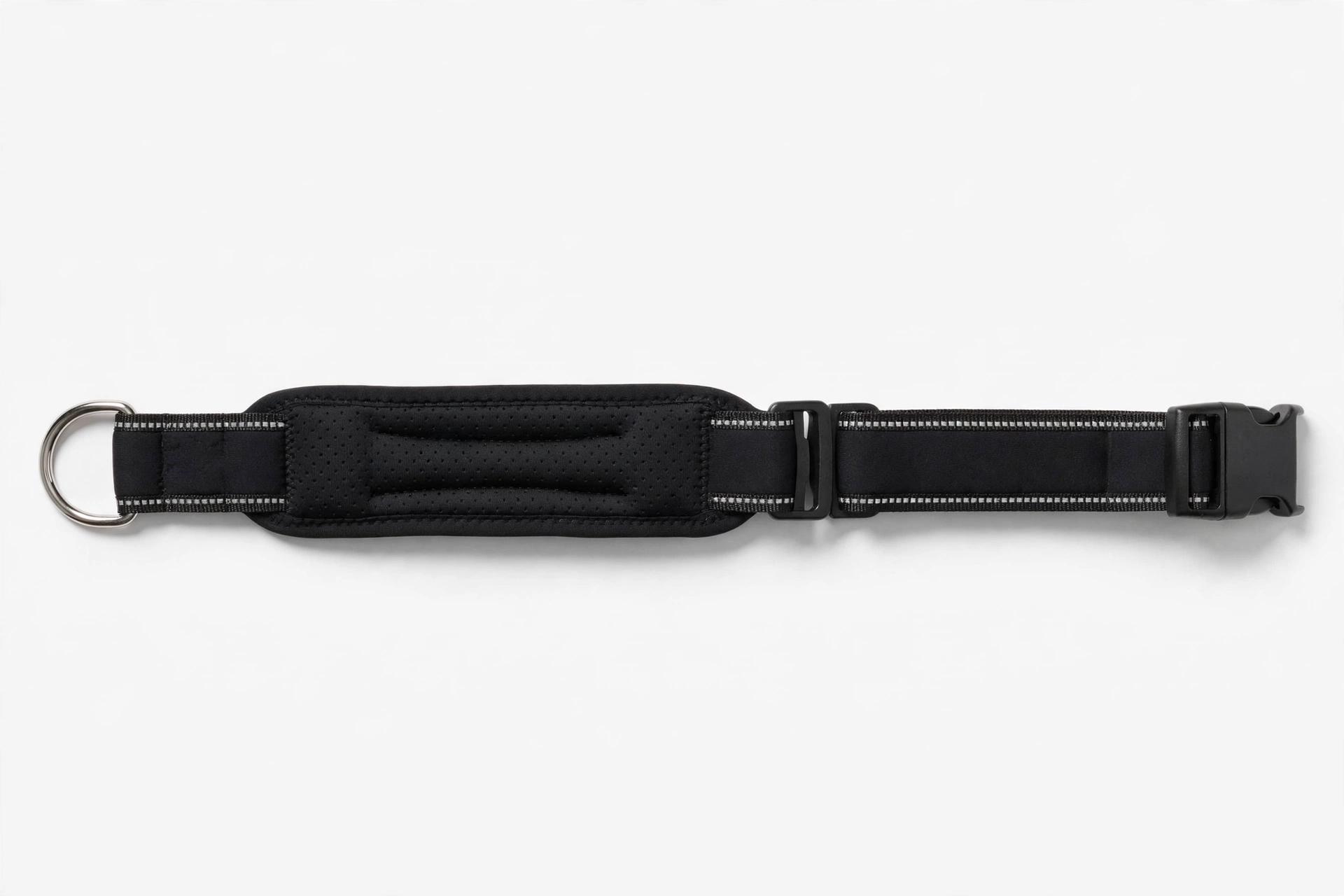 Black neoprene padded sport dog collar with reflective stitching on white background