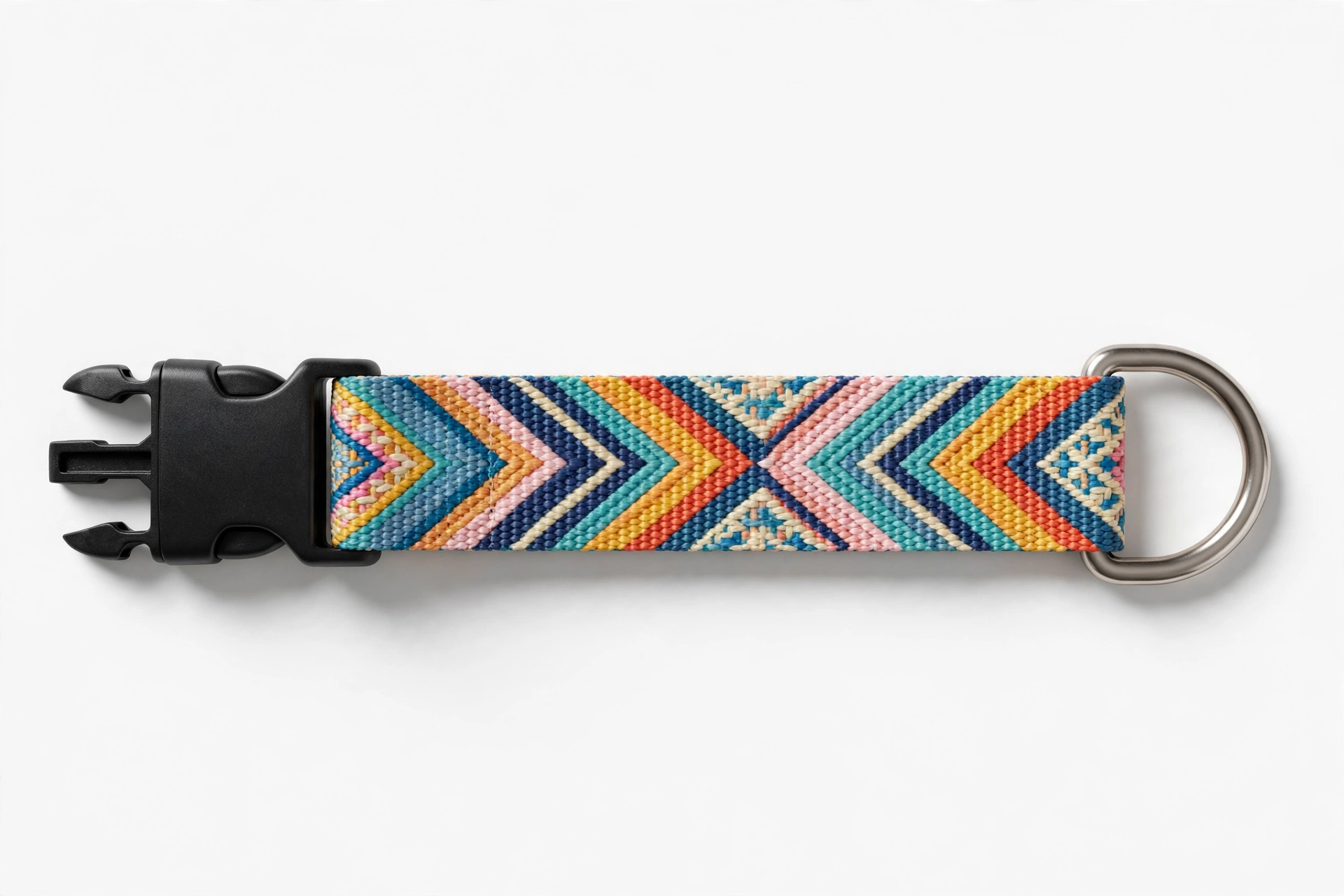 Colorful woven nylon dog collar with metal D-ring on white background
