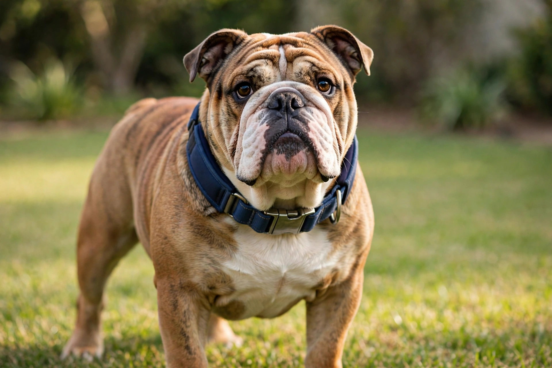 English Bulldog wearing a wide padded collar in a backyard