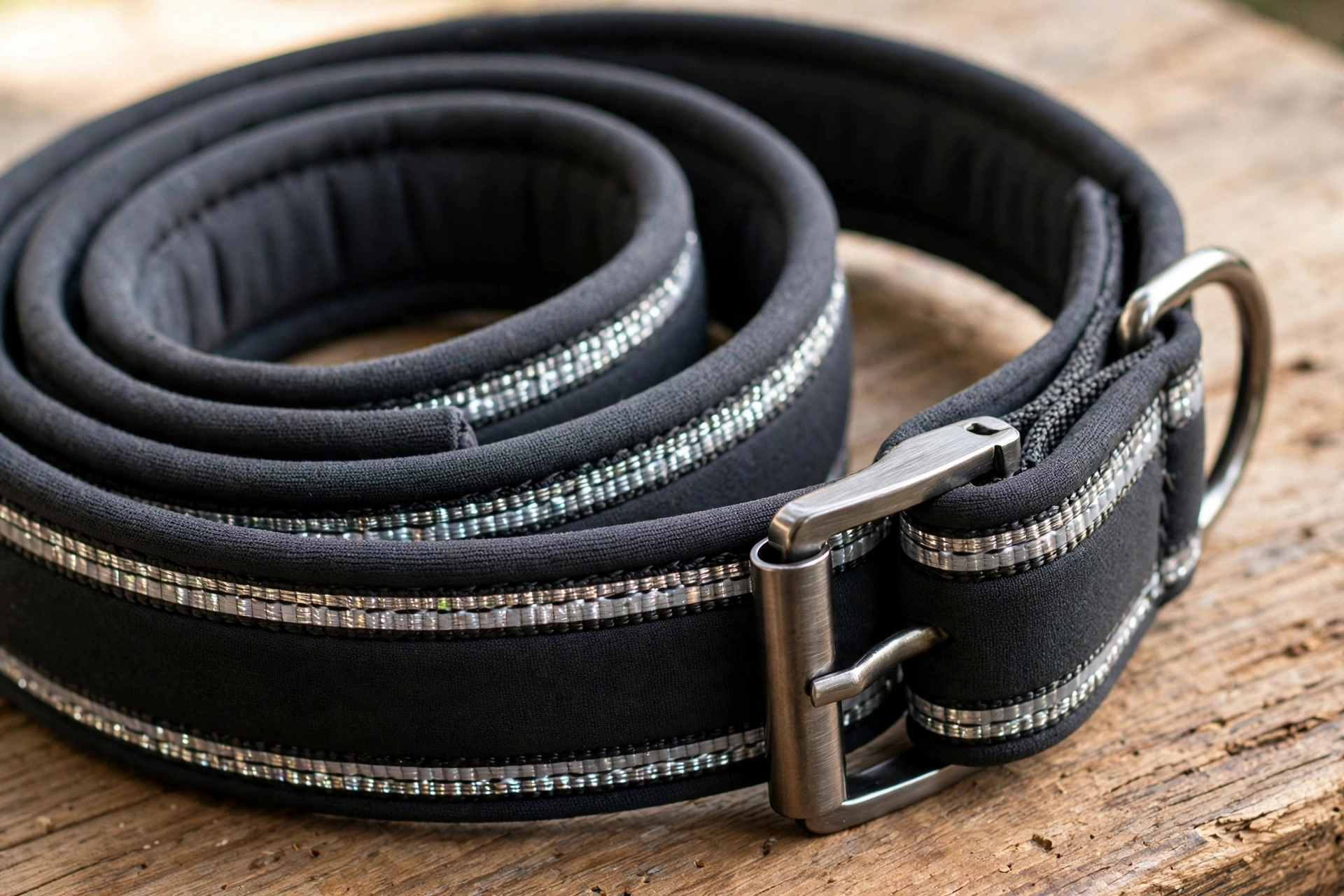 Close-up of a wide padded collar on an English Bulldog's thick neck