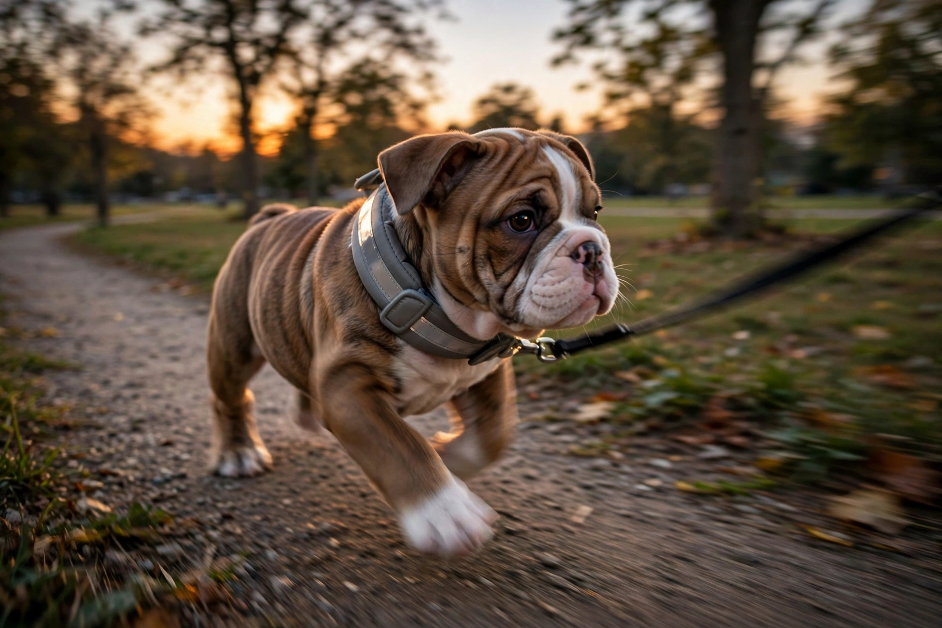 English Bulldog walking on a leash wearing a wide comfortable collar