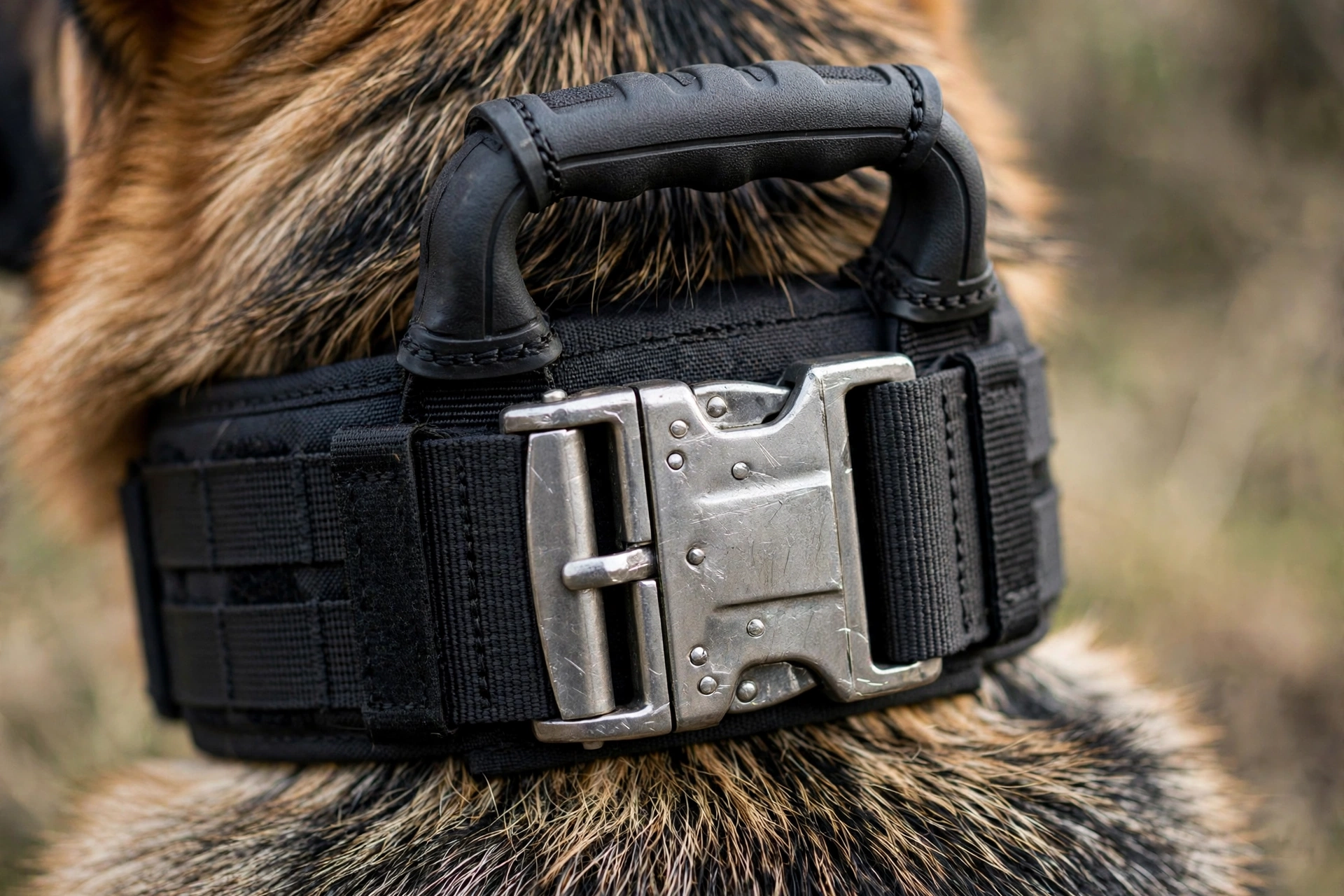 Close-up of a wide tactical collar's metal buckle and control handle on a German Shepherd