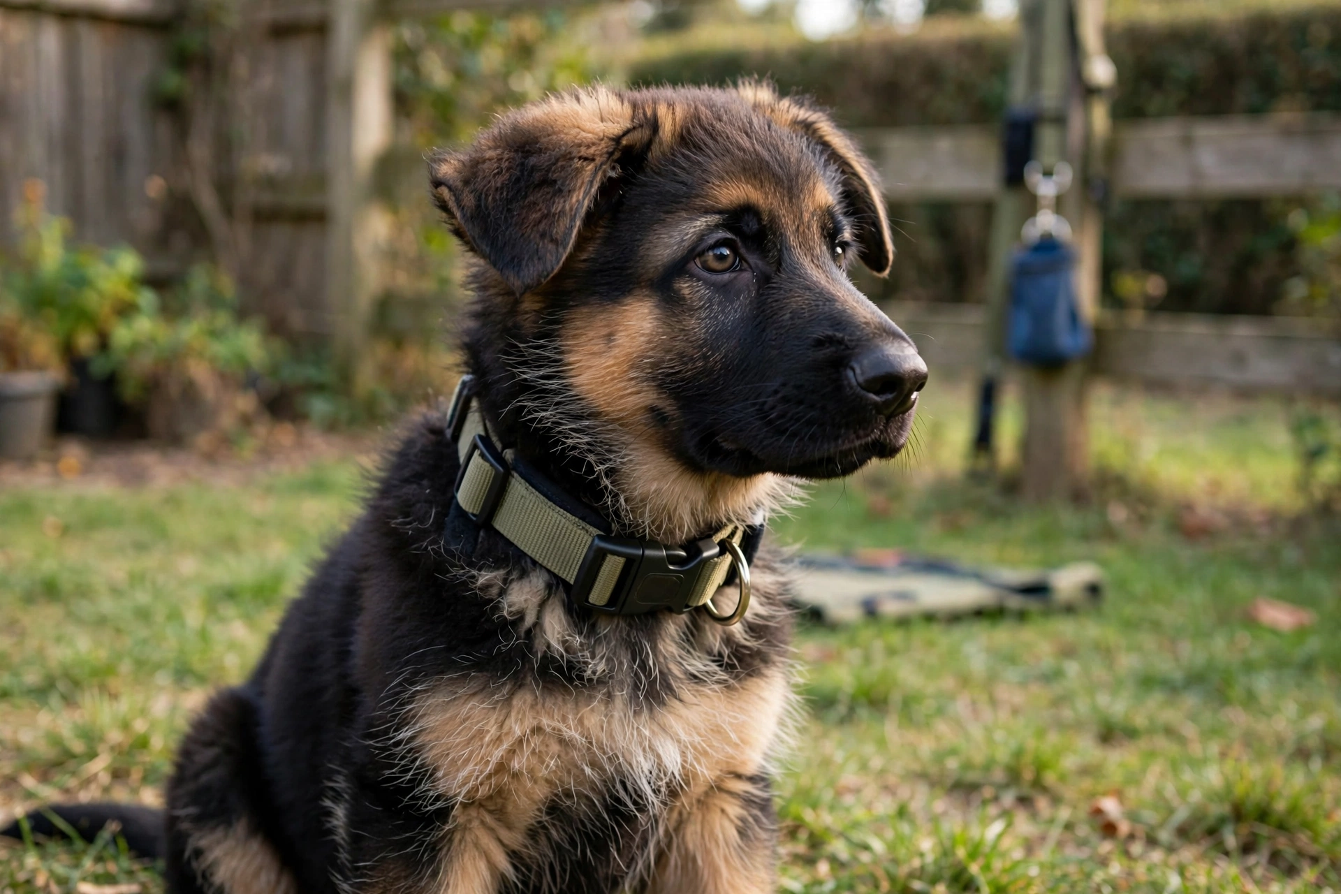 German Shepherd puppy wearing an adjustable collar during early training