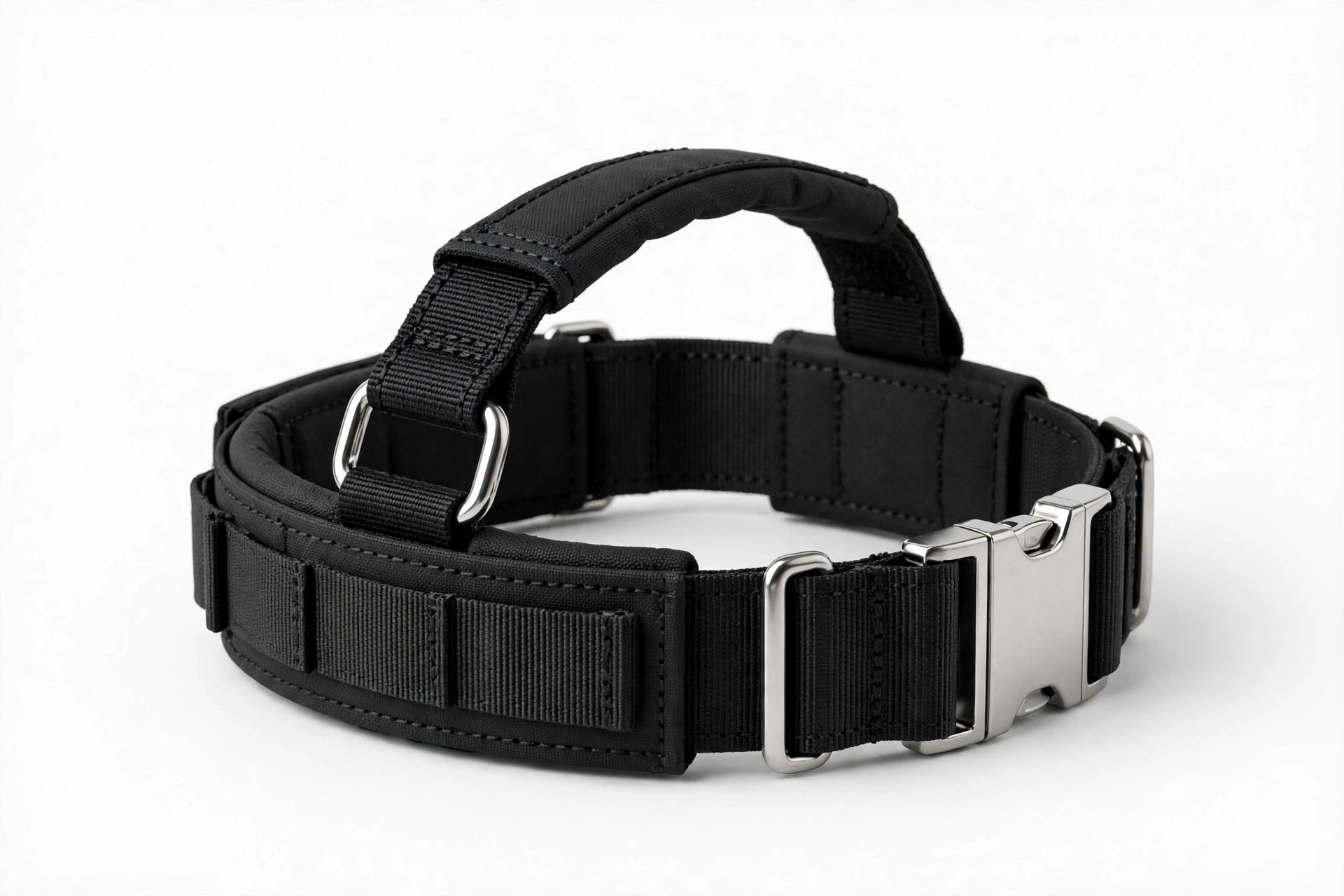DEZIZEUSK9 black 2 inch wide tactical dog collar with metal buckle, editorial product photo