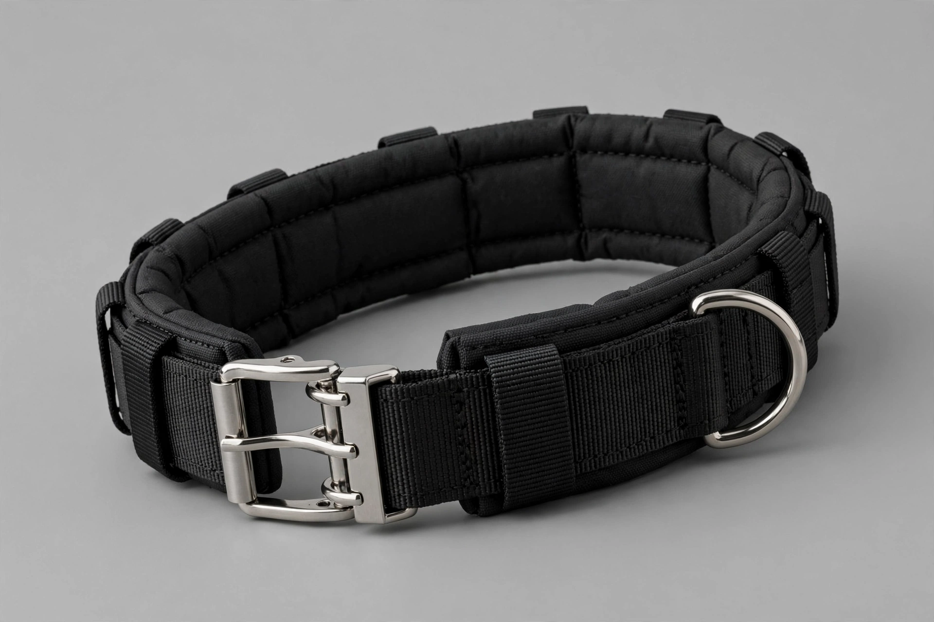 Periflowin black military padded tactical dog collar with metal buckle, editorial product photo