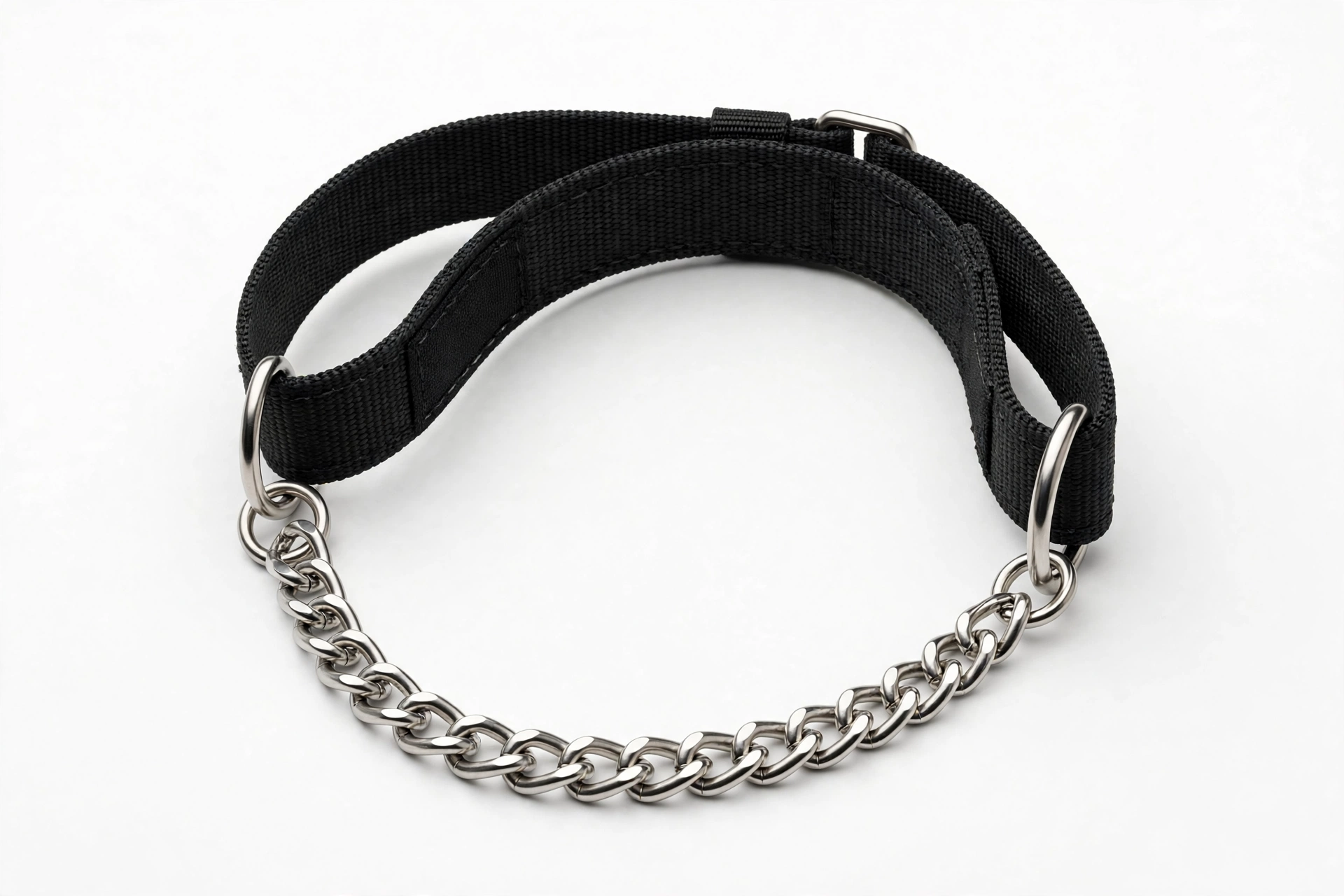 Stainless steel chain martingale collar for large dogs, editorial product photo