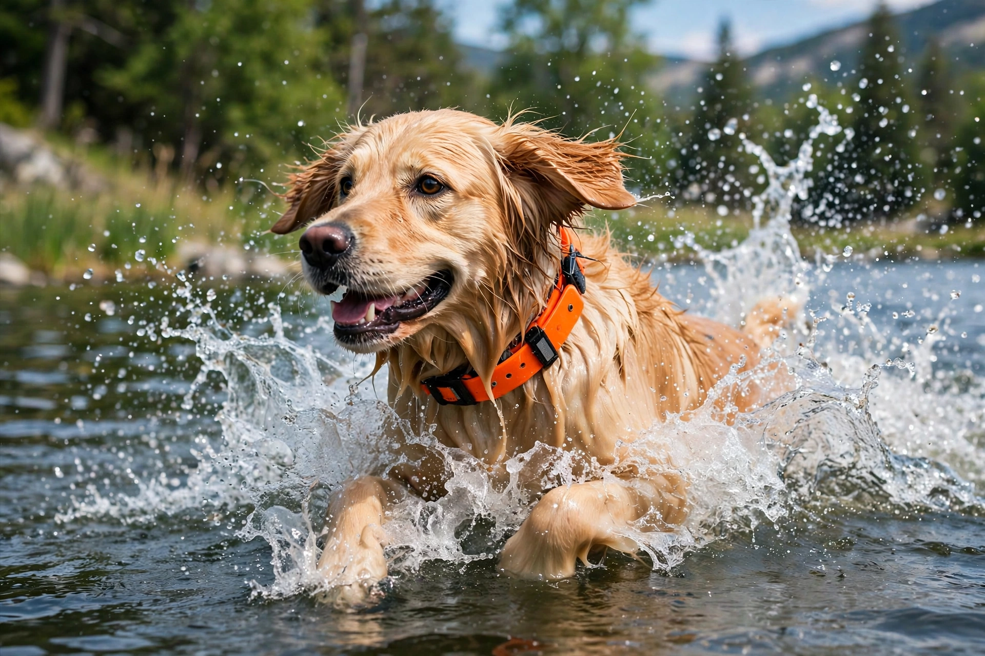 Golden retriever swimming in a lake wearing a bright waterproof collar