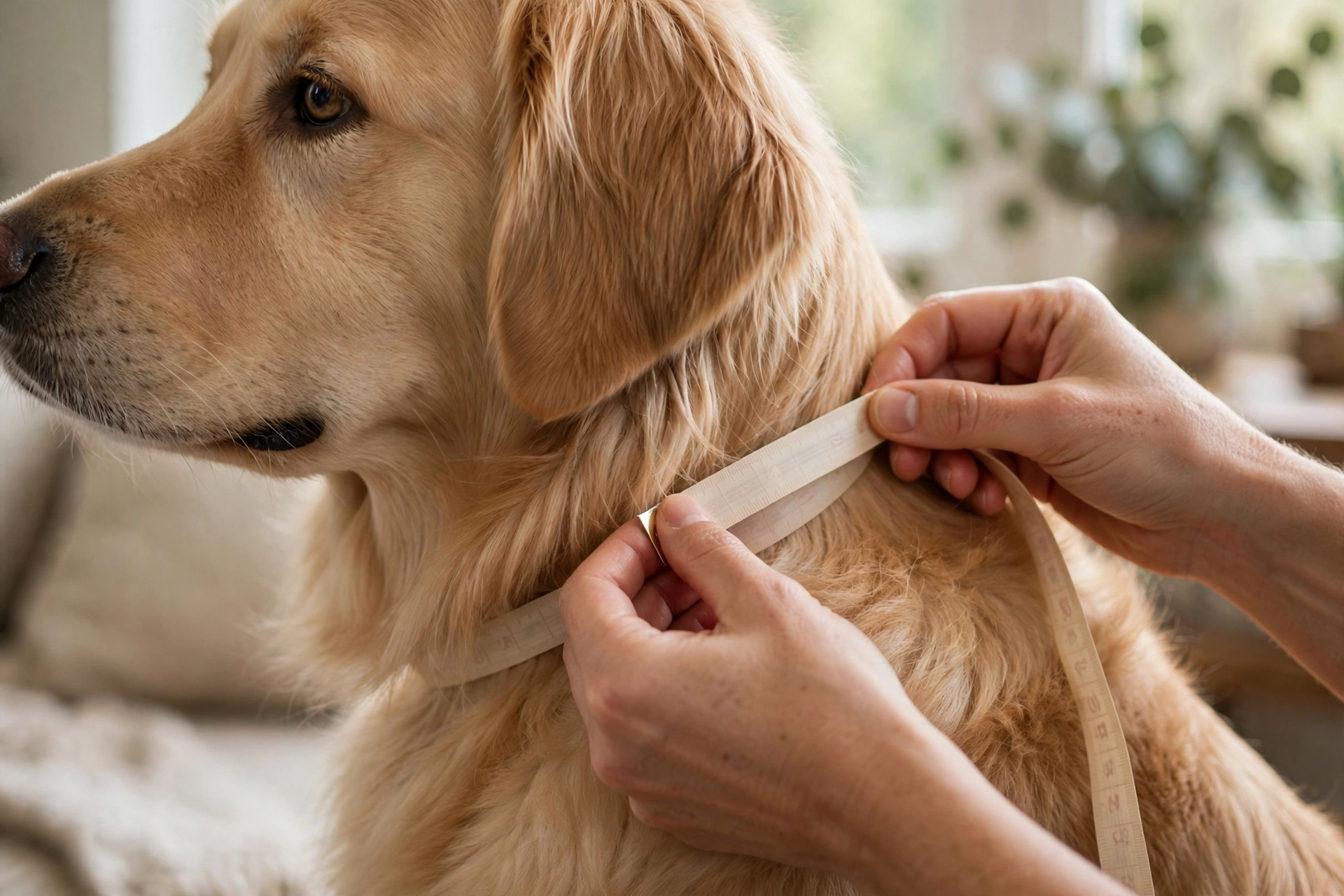 Hands measuring a golden retriever's neck with a soft tape for collar fitting