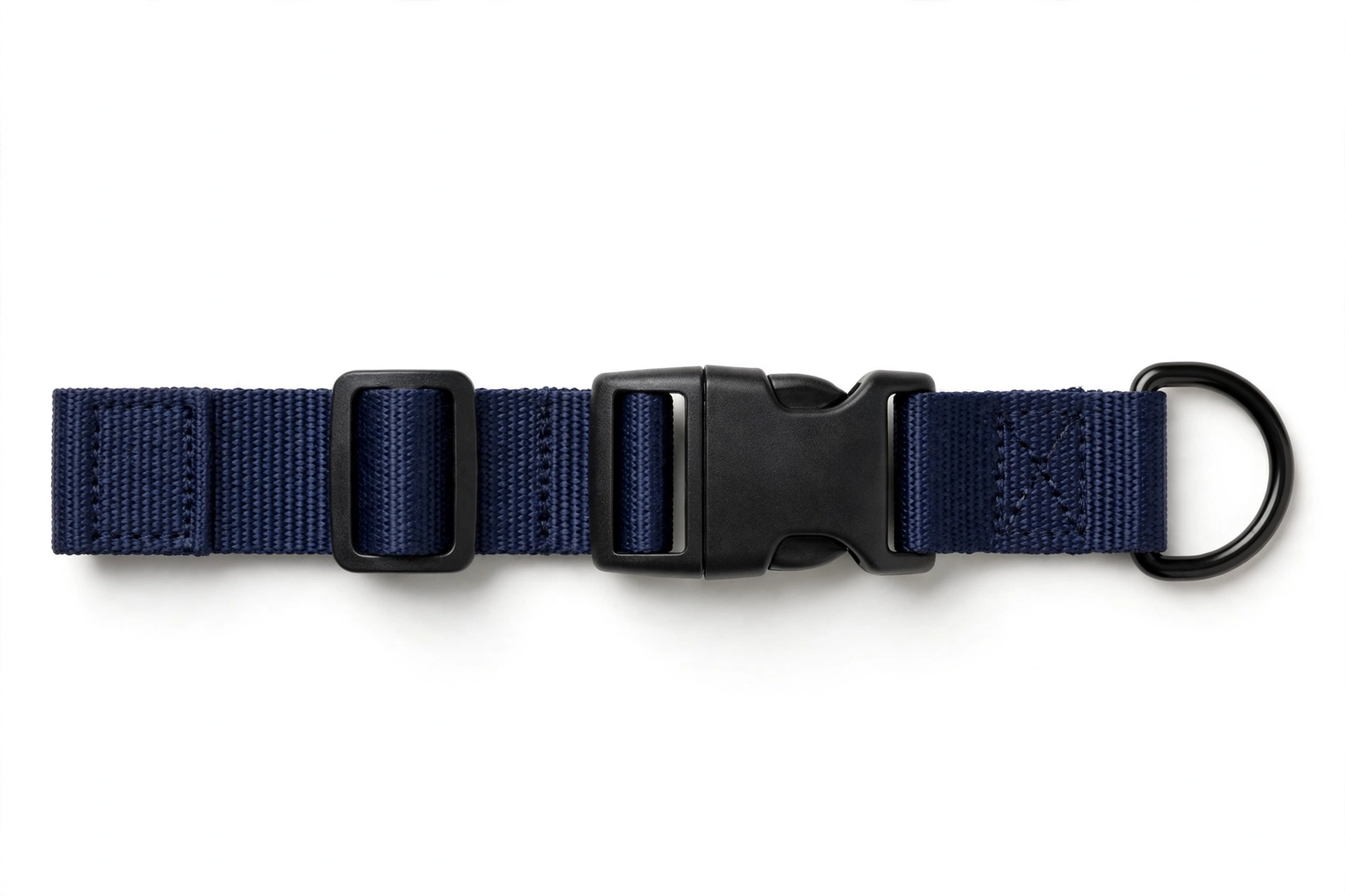 Navy blue classic nylon webbing dog collar with plastic buckle on white background
