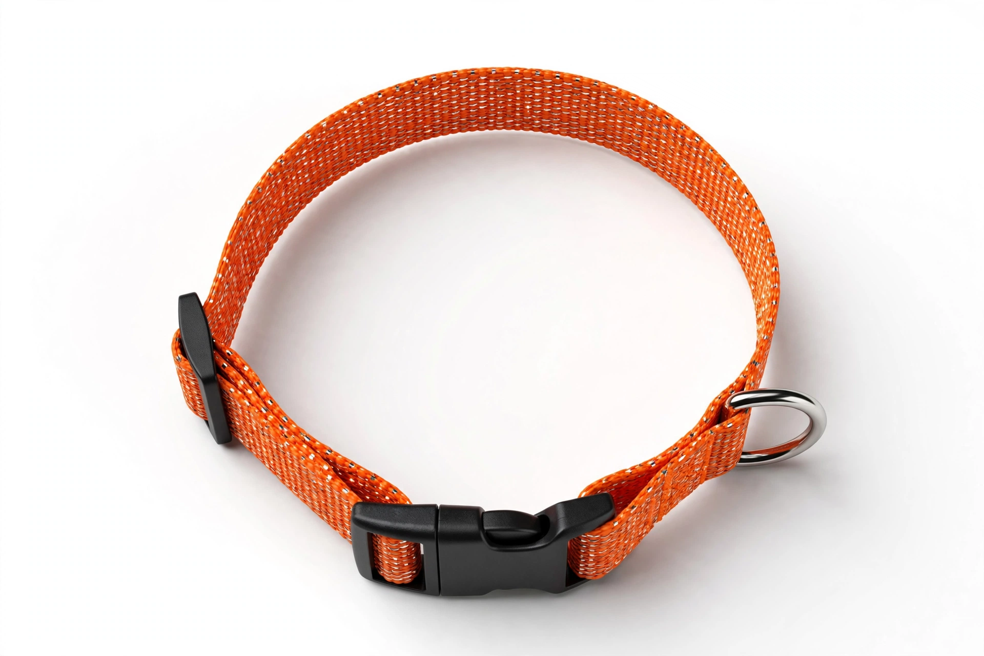 Bright orange reflective waterproof woven dog collar on white background