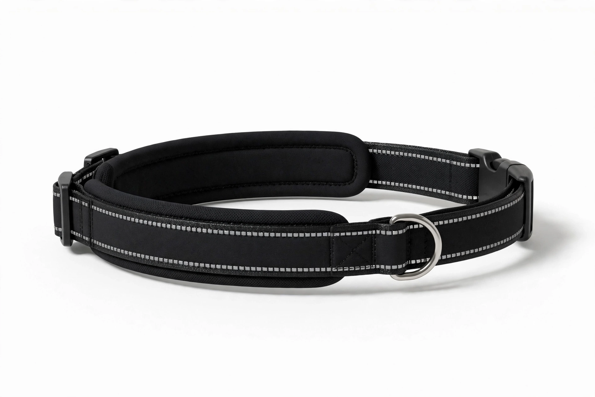 Black neoprene padded dog collar with reflective stitching on white background