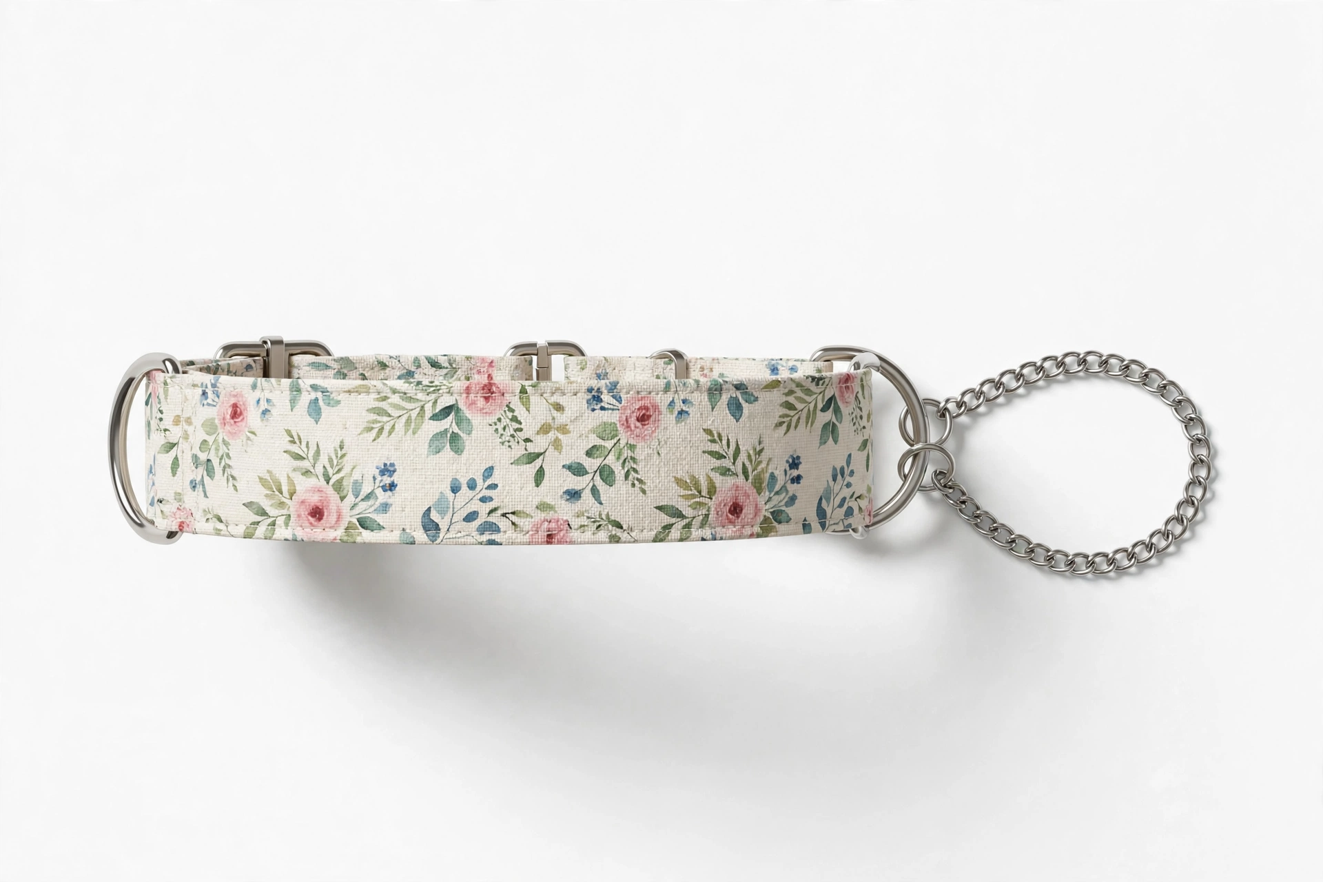 Floral fabric martingale dog collar with chain loop on white background