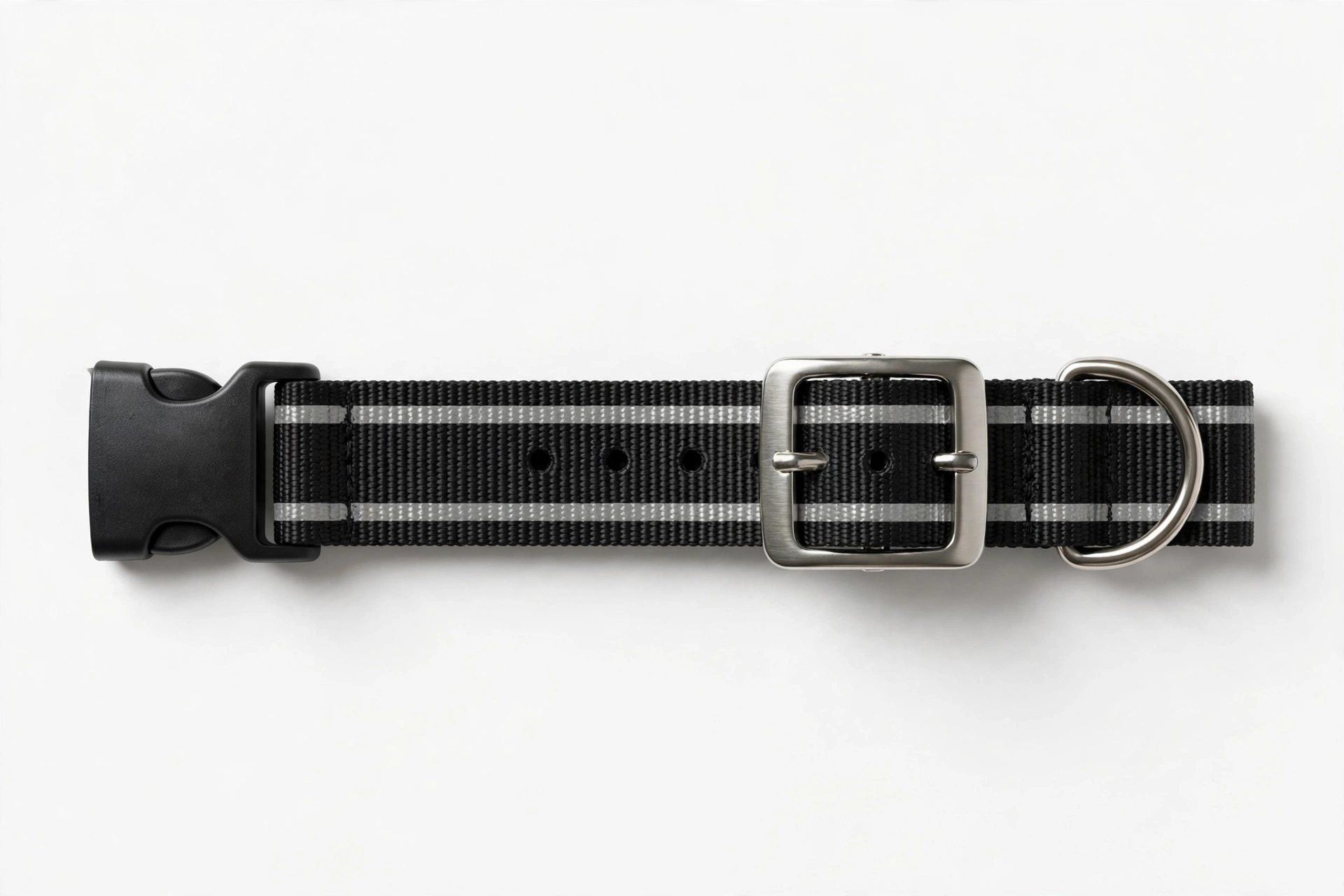 Black nylon dog collar with solid metal buckle and reflective stripes on white background