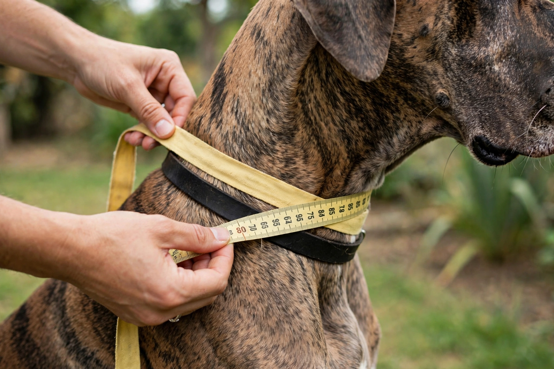 Measuring a Great Dane's neck with a soft tape measure