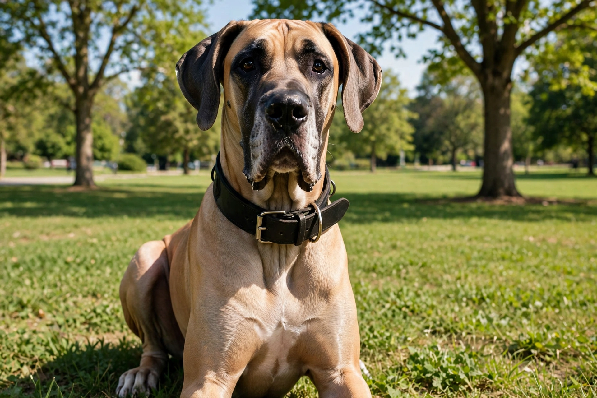 Great Dane sitting in a park wearing a wide black collar