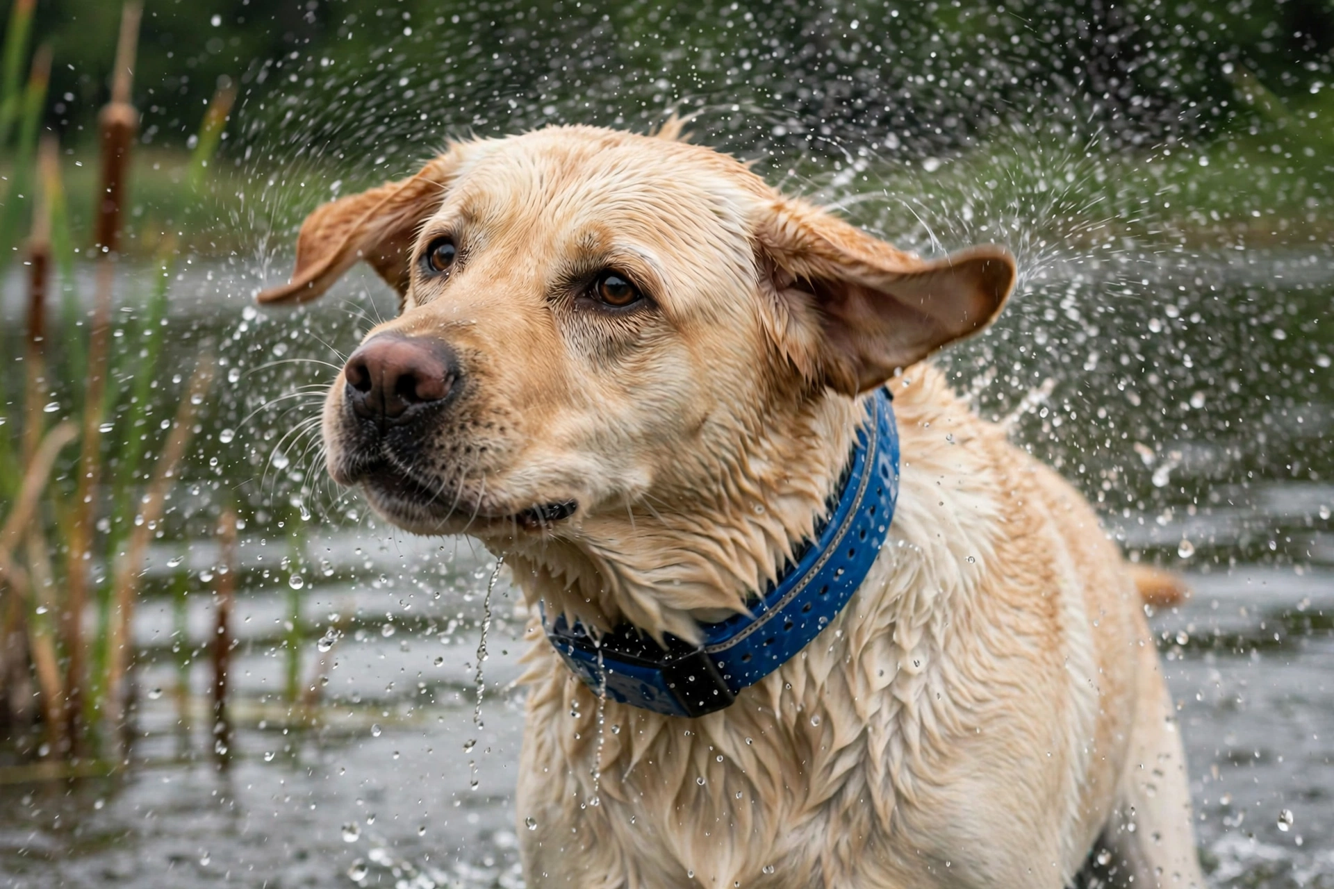 Yellow Labrador Retriever wearing a waterproof collar shaking off water after swimming