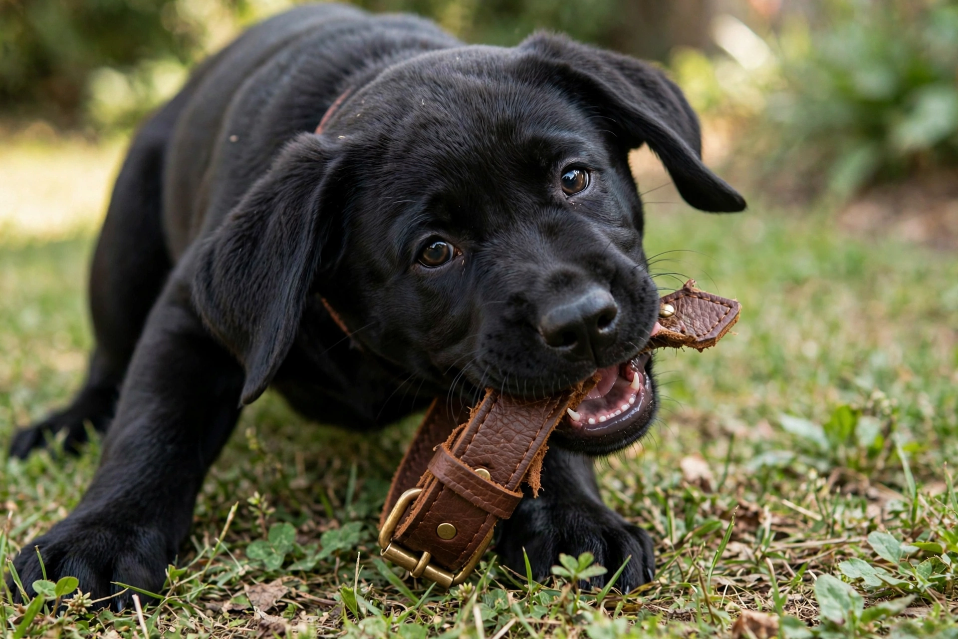 Black Labrador Retriever puppy chewing on its collar strap playfully