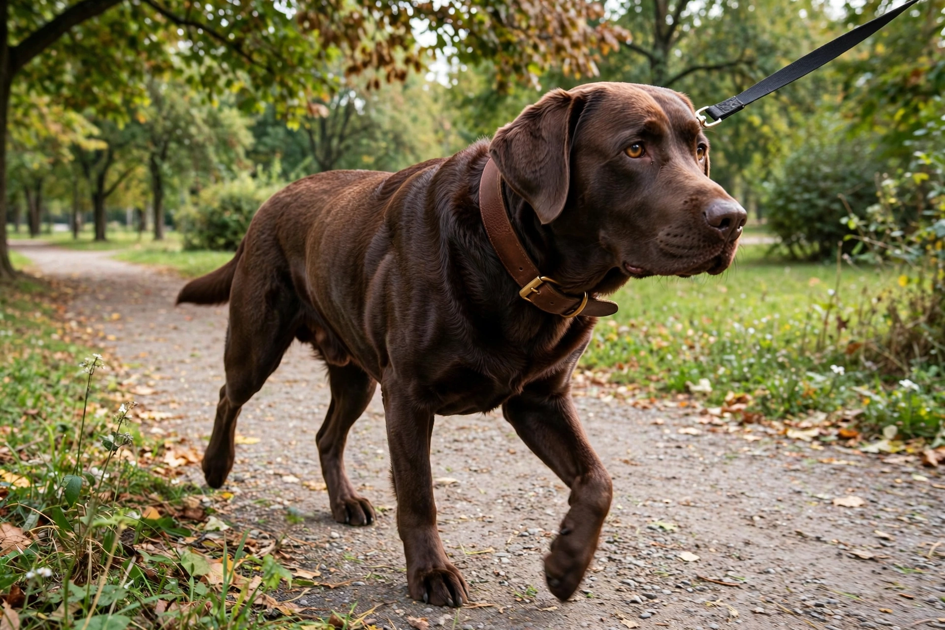 Chocolate Labrador Retriever walking politely on leash wearing a wide collar