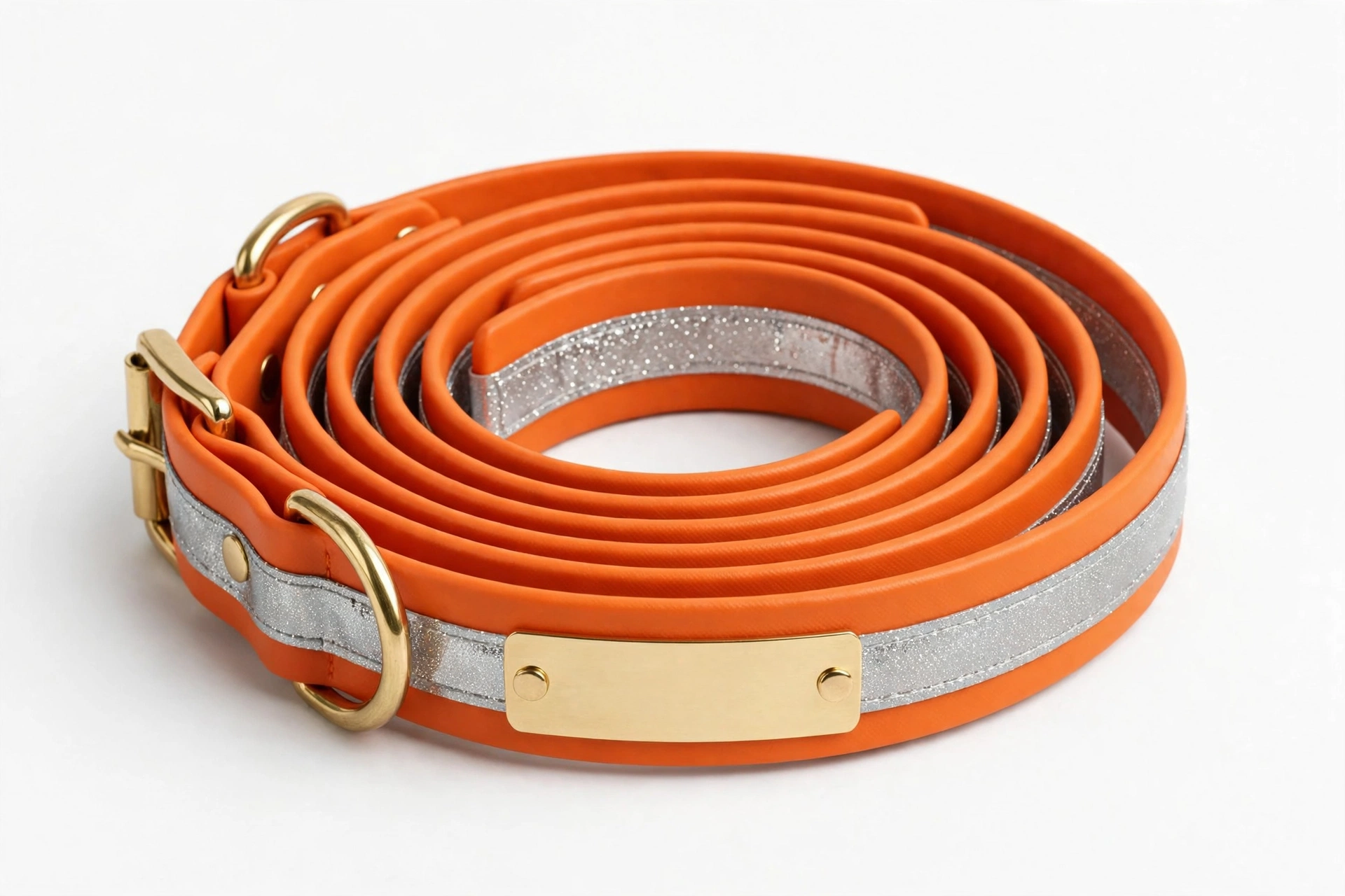 Outdoor Dog Supply orange reflective waterproof dog collar with brass nameplate, editorial product photo