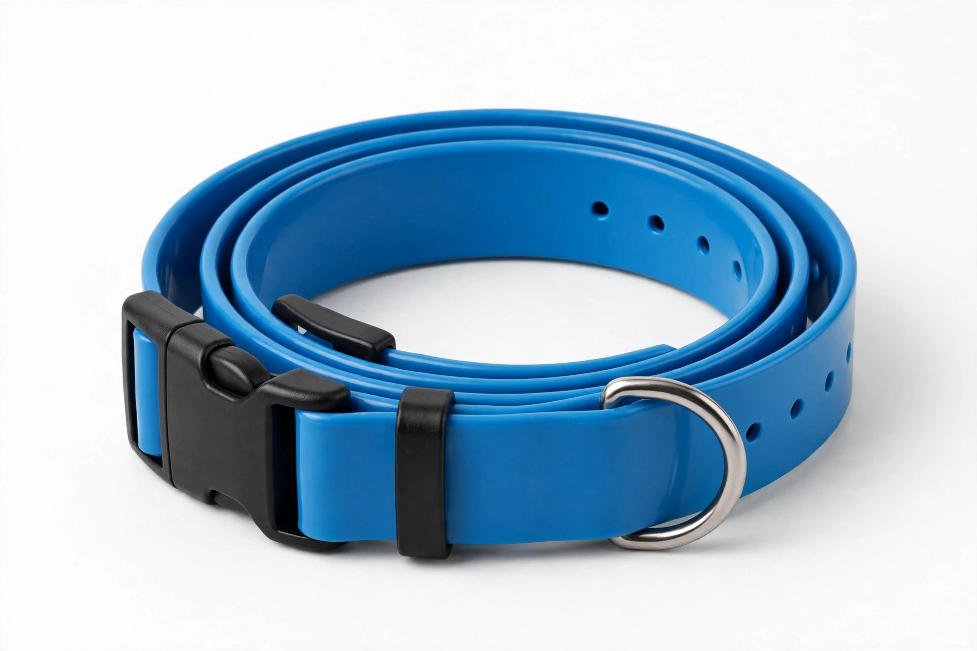 myyAA waterproof PVC-coated dog collar in bright colors, editorial product photo