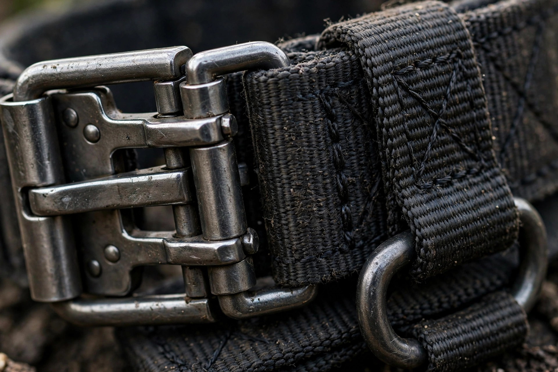Close-up of heavy-duty metal buckle and thick webbing on a large dog collar