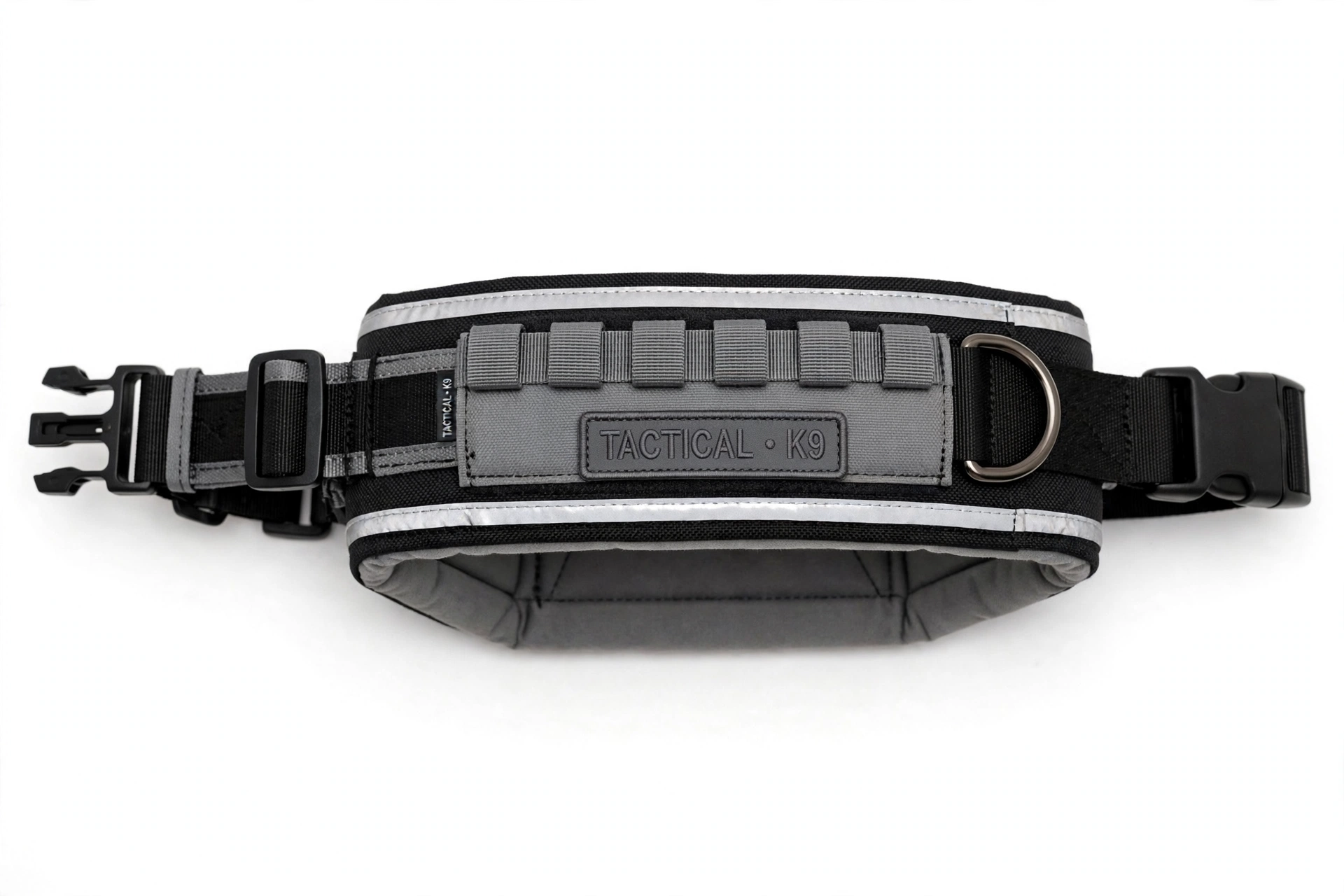 Padded tactical collar for large dogs with reflective trim