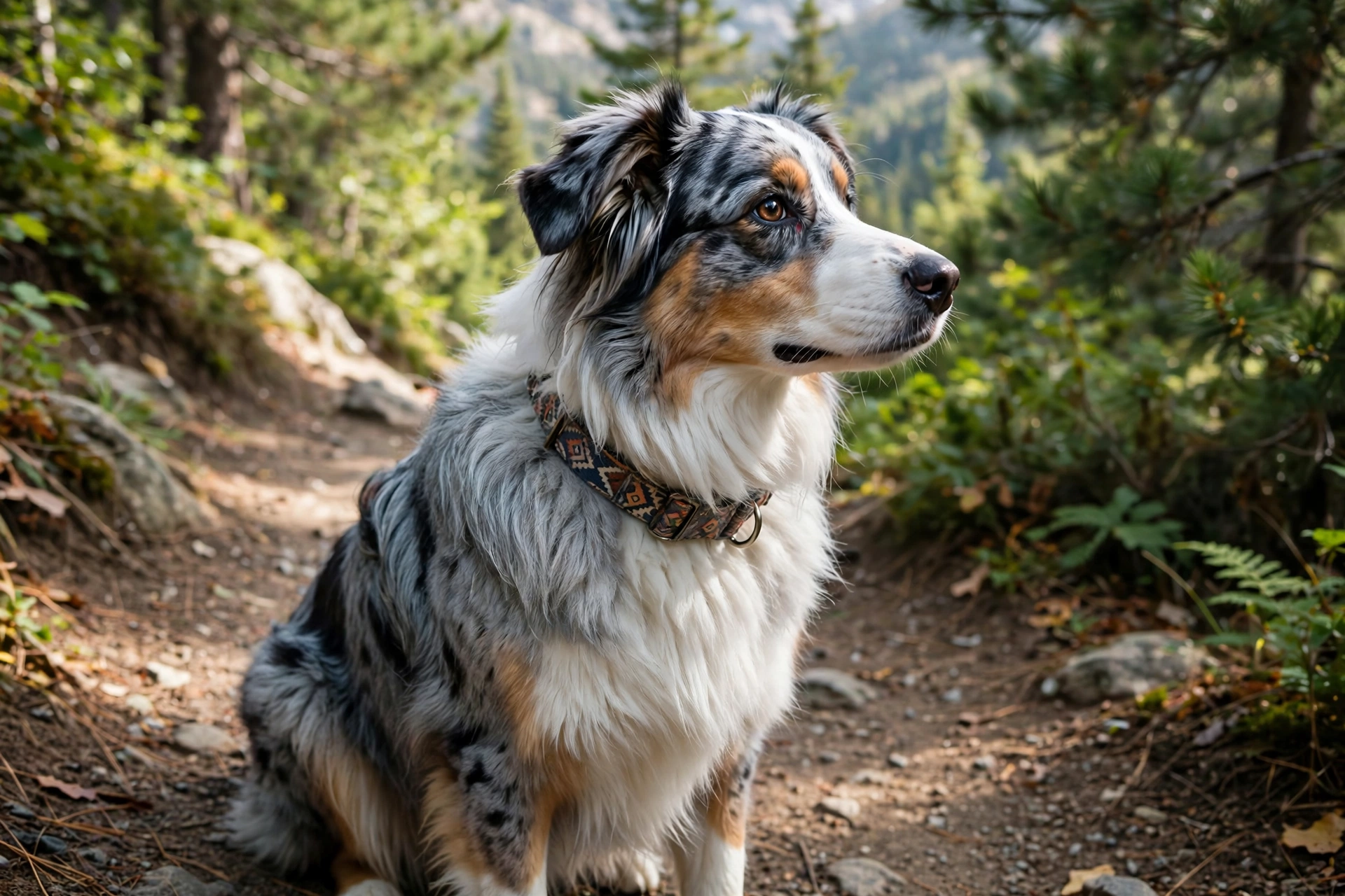 Medium-sized Australian Shepherd wearing a patterned collar on a hiking trail