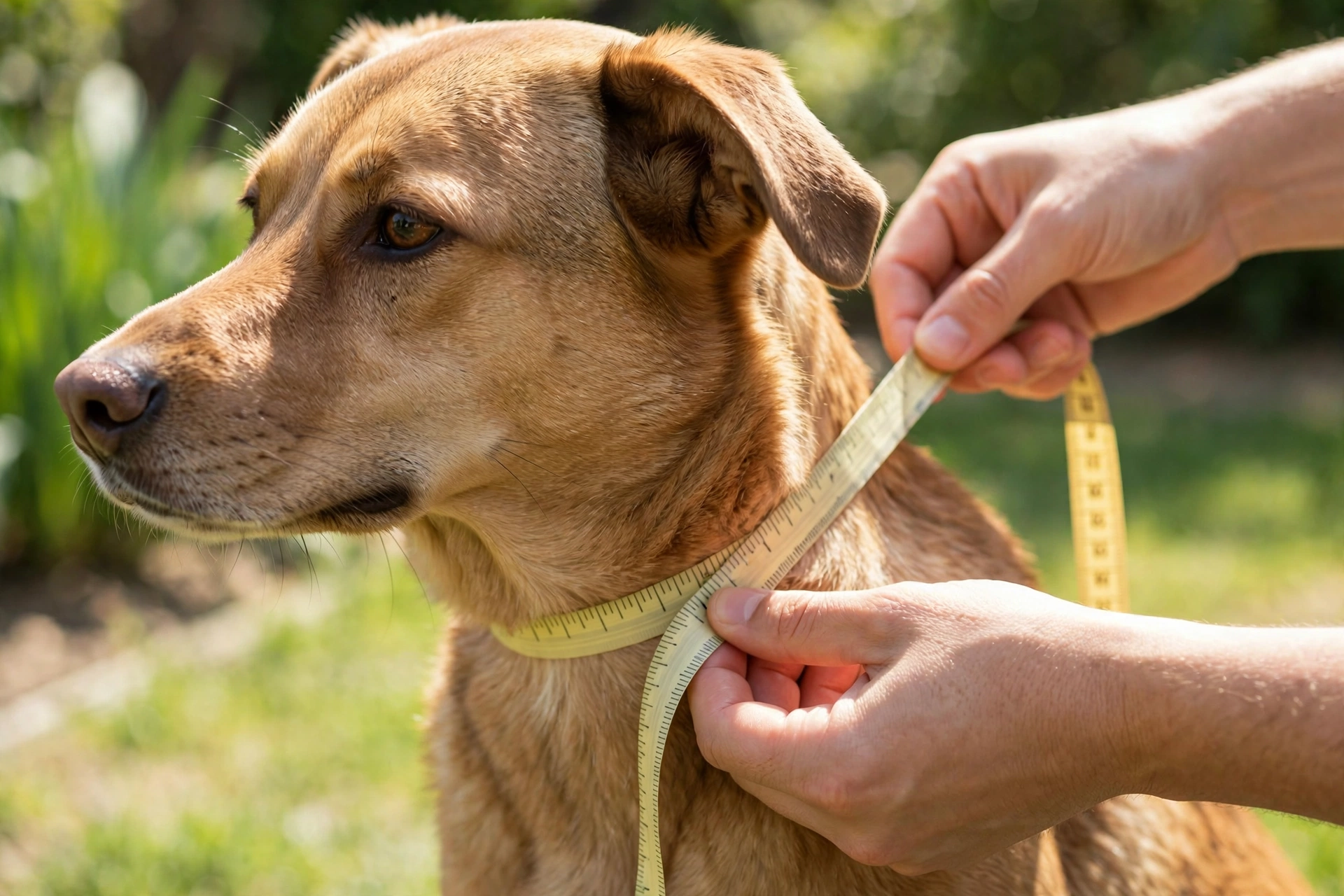Hand measuring a medium dog's neck with a soft tape measure for collar sizing