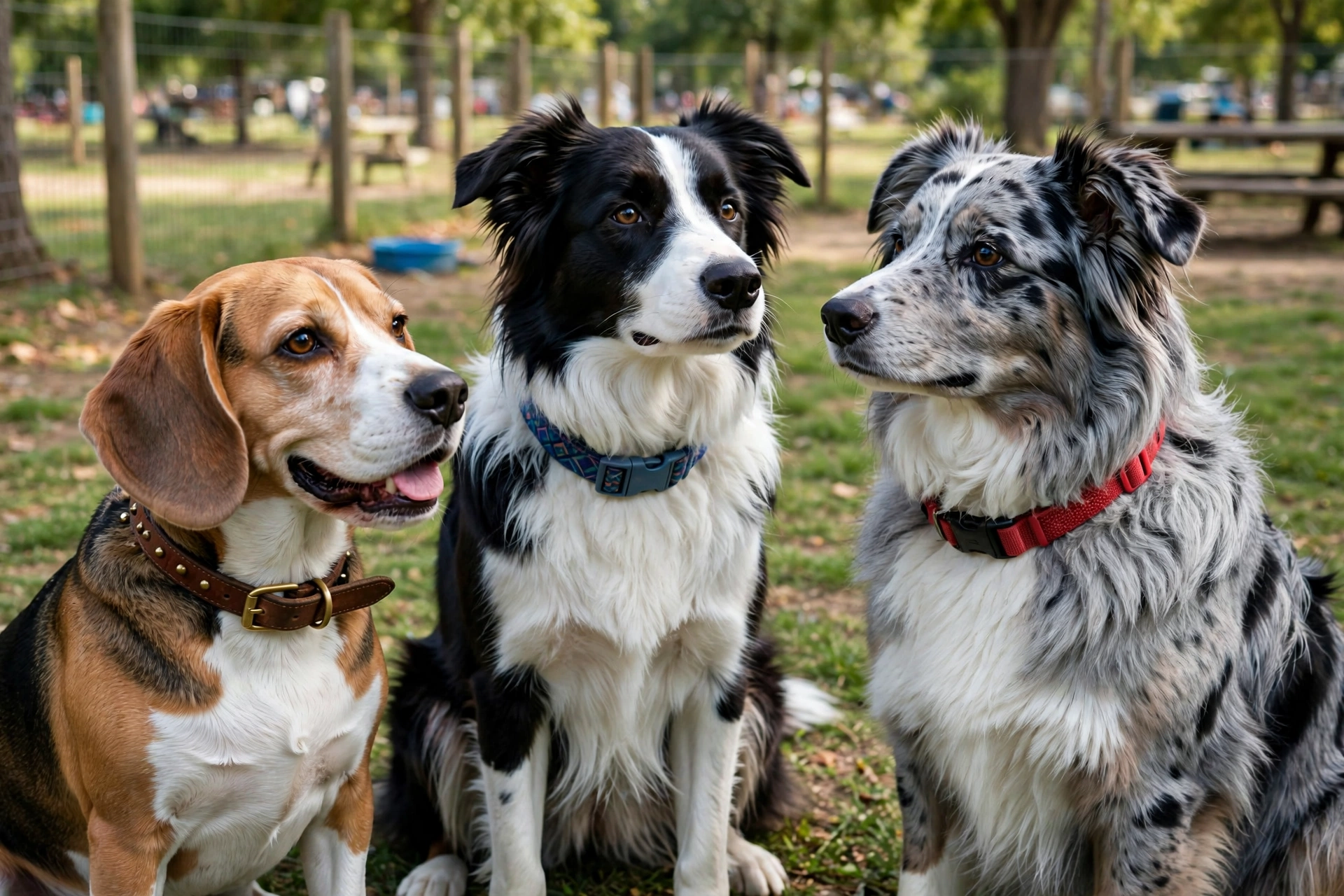 Three medium dogs of different breeds wearing different style collars at a dog park