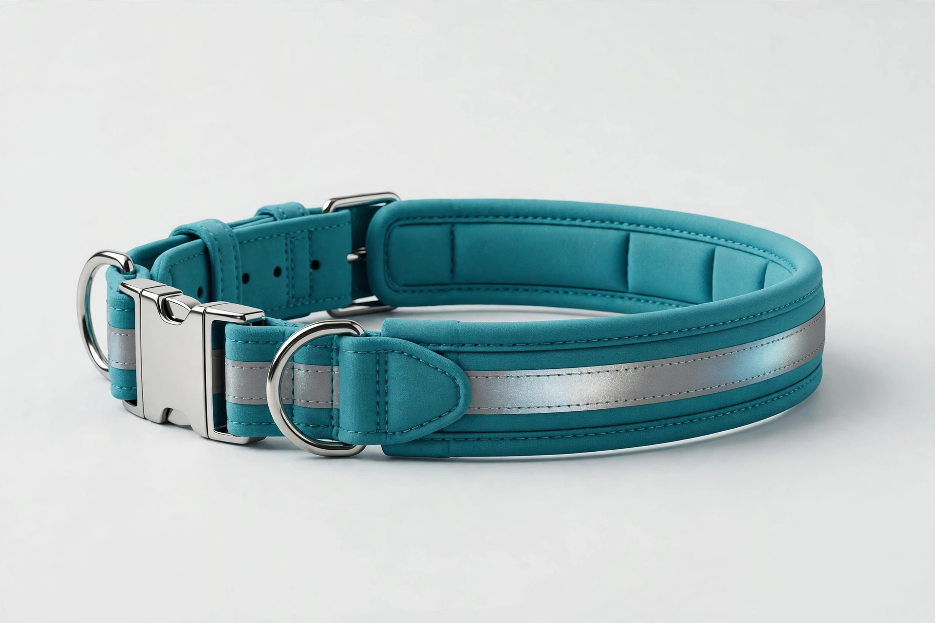 Blueberry Pet teal reflective neoprene padded dog collar with metal buckle, editorial product photo