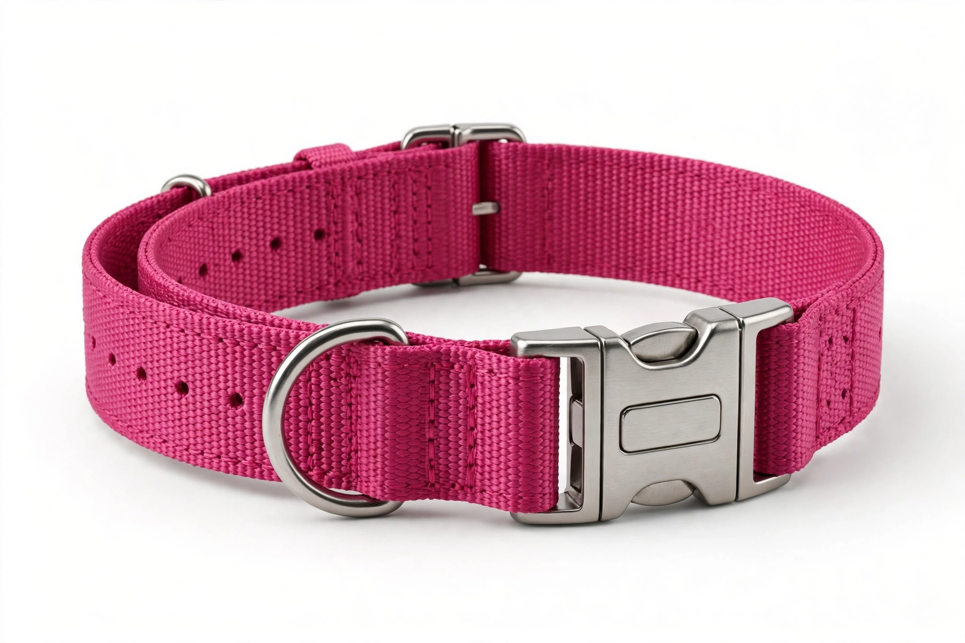 Country Brook Petz fuchsia nylon dog collar with metal quick-release buckle, editorial product photo