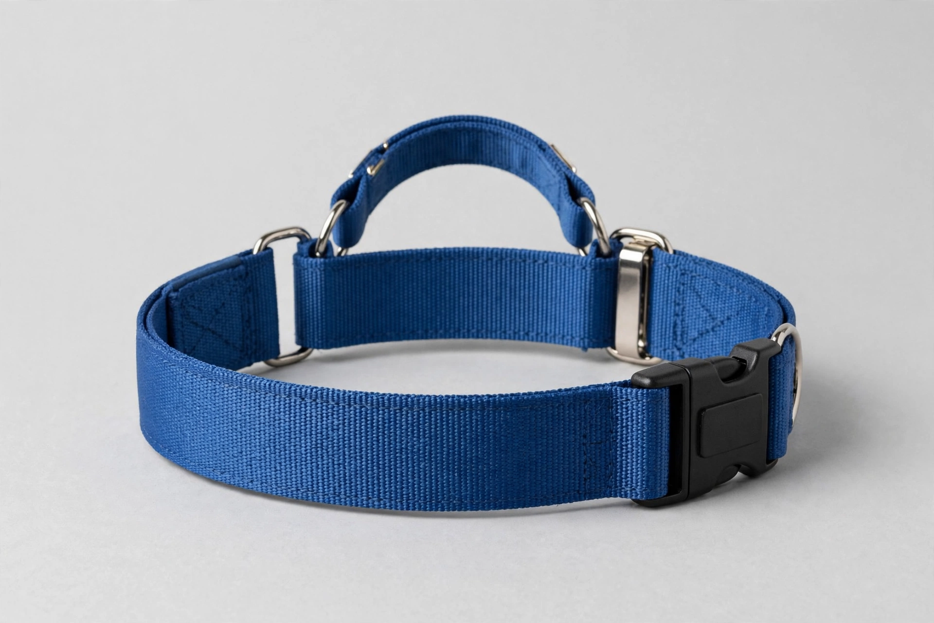 If It Barks wide blue martingale collar with quick snap buckle, editorial product photo