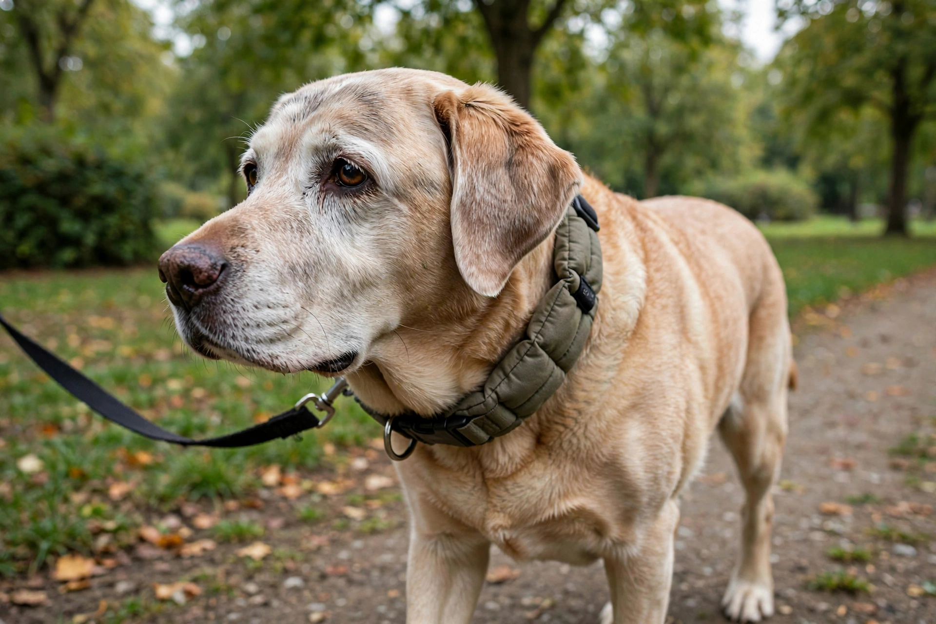 Gray-muzzled senior Labrador wearing a soft padded collar on a gentle walk