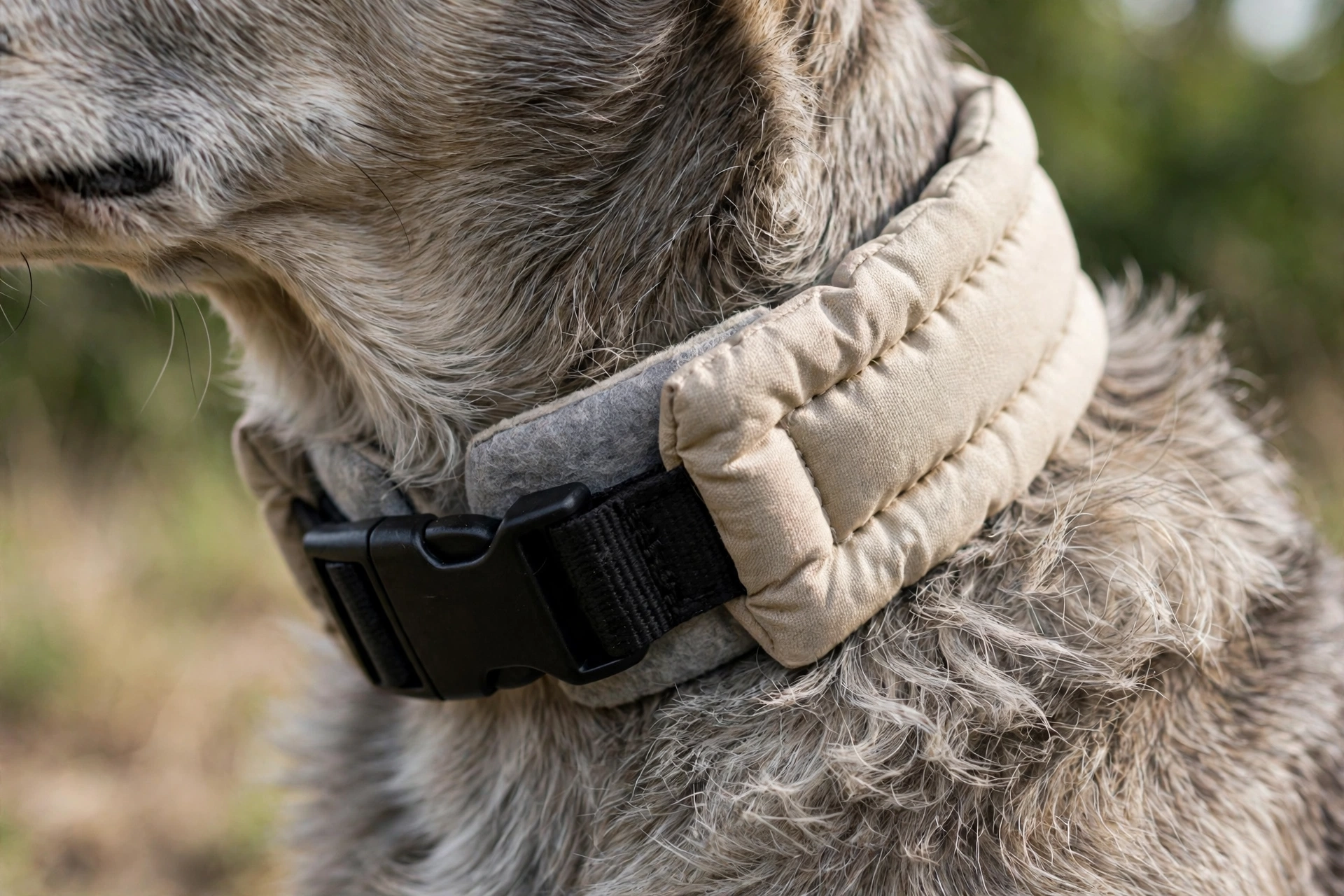 Close-up of soft padded collar on a senior dog's graying neck, showing gentle fit